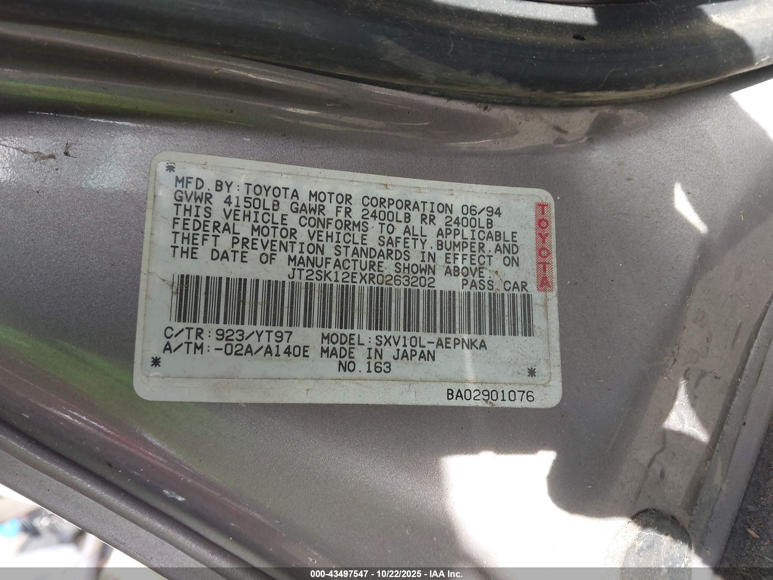 1994 Toyota Camry Le Gray vin: JT2SK12EXR0263202