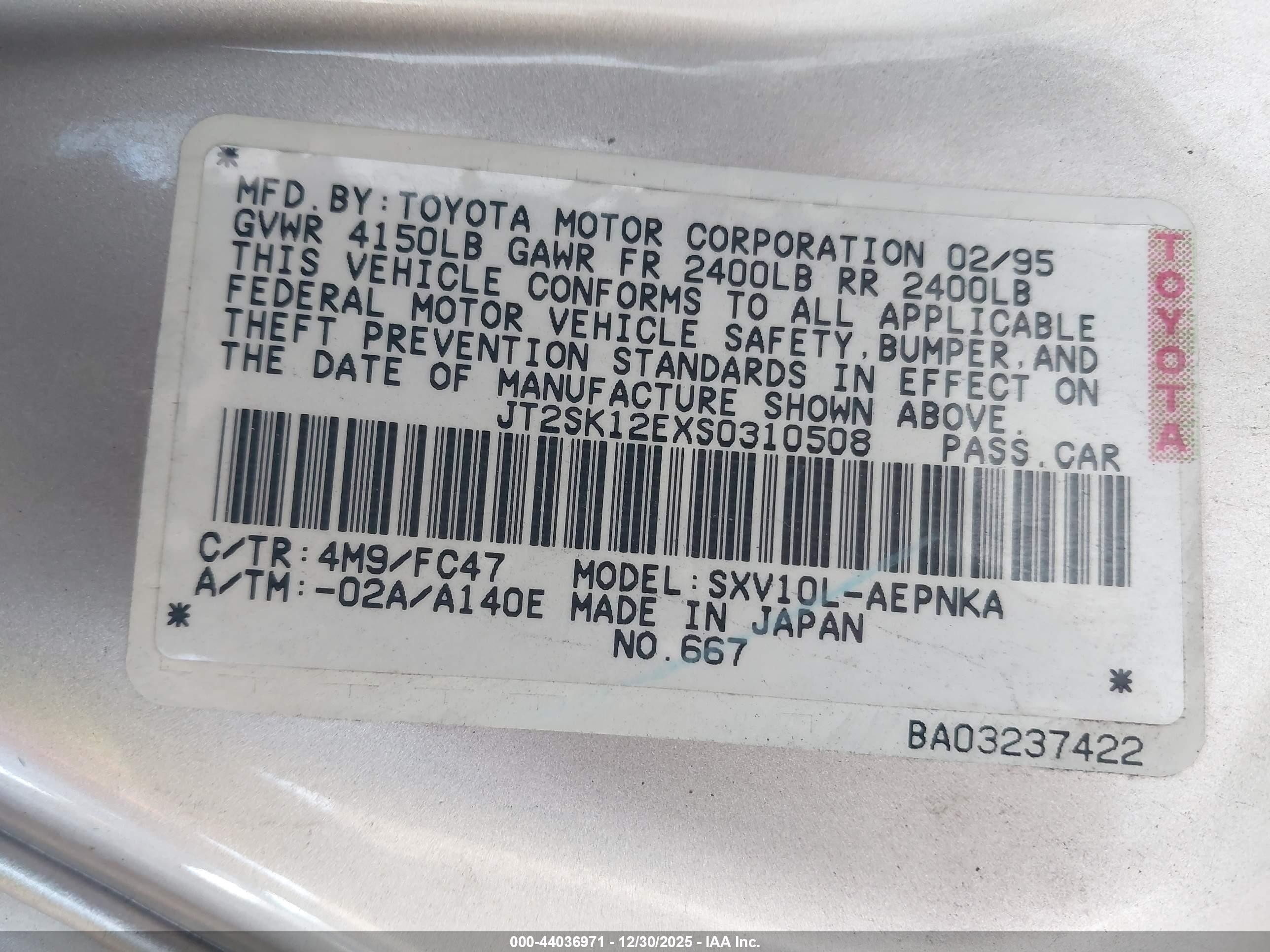 1995 Toyota Camry Le Gold vin: JT2SK12EXS0310508
