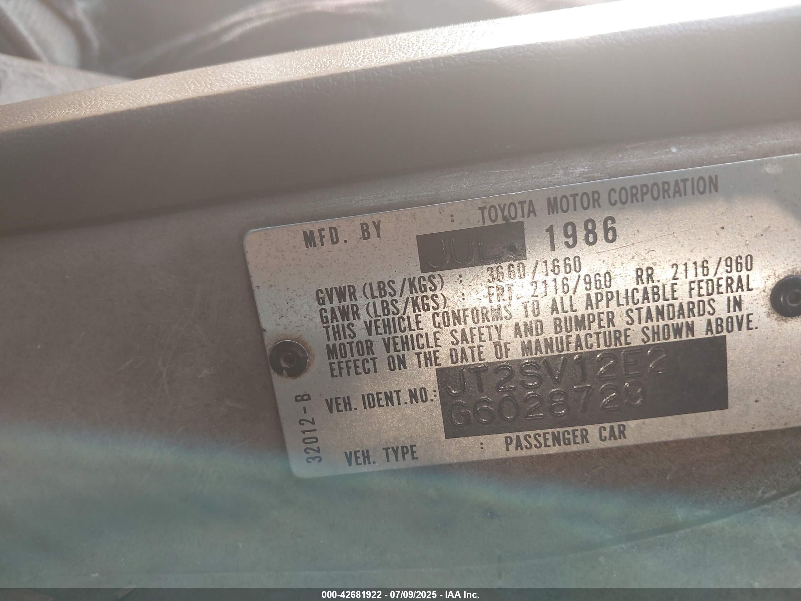 1986 Toyota Camry Dlx Pewter vin: JT2SV12E2G6028729
