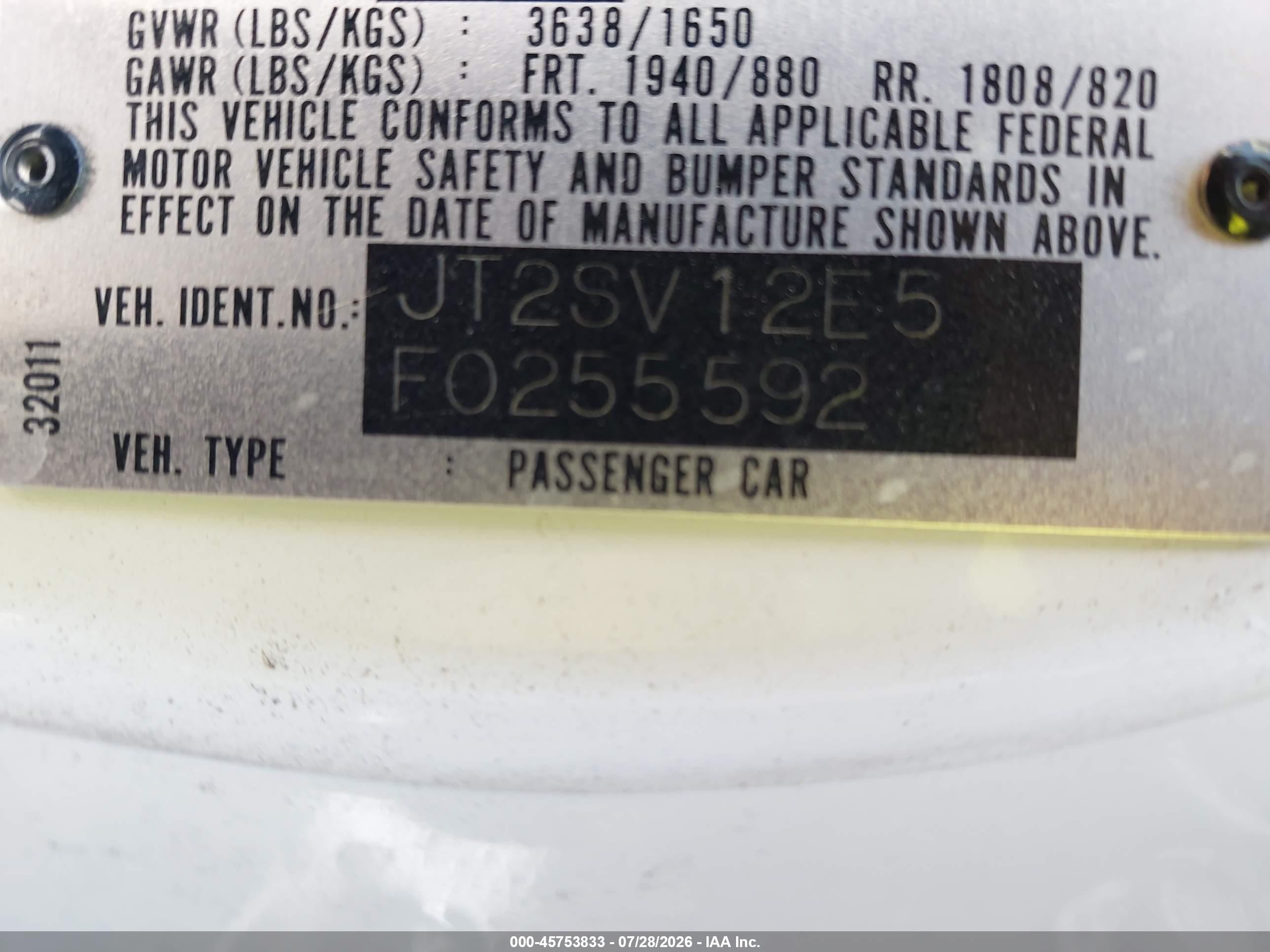1985 Toyota Camry Dlx White vin: JT2SV12E5F0255592