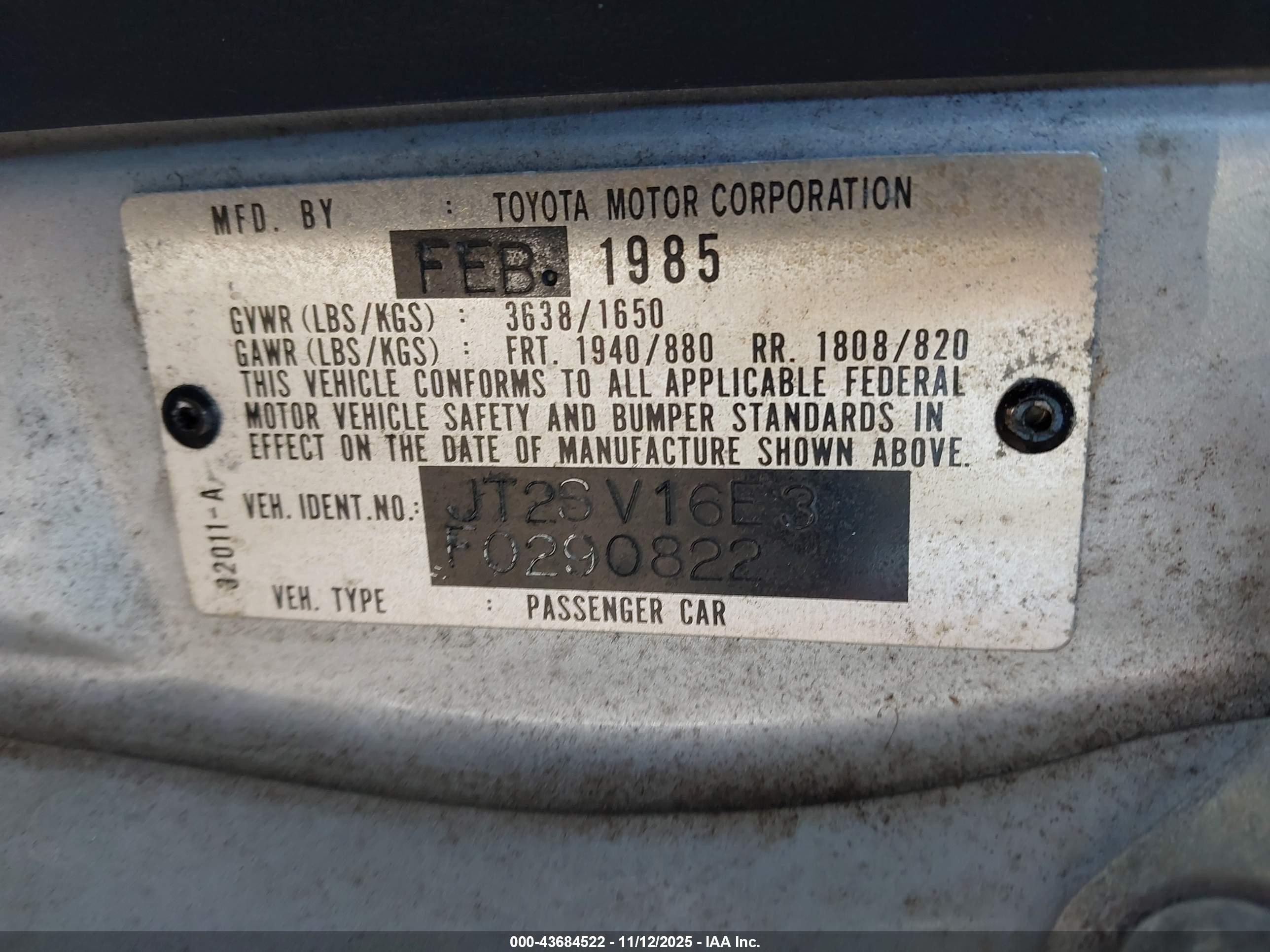 1985 Toyota Camry Le Silver vin: JT2SV16E3F0290822