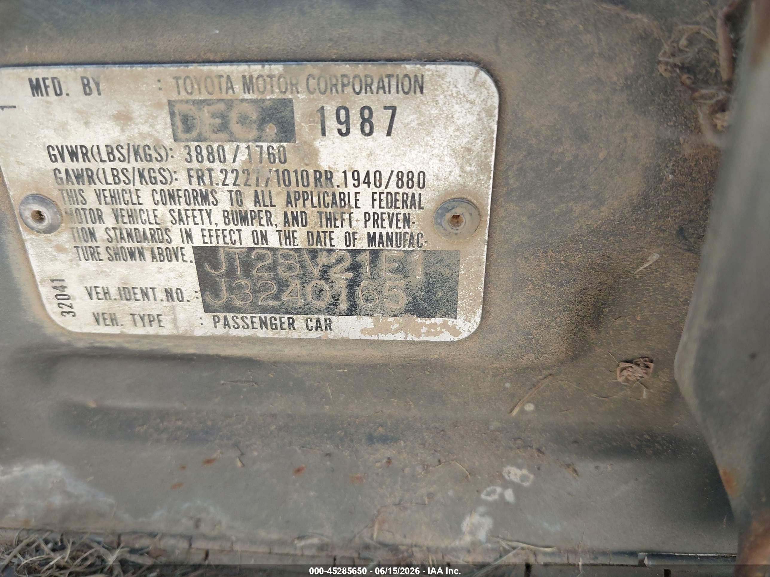 1988 Toyota Camry Dlx Gray vin: JT2SV21E1J3240165