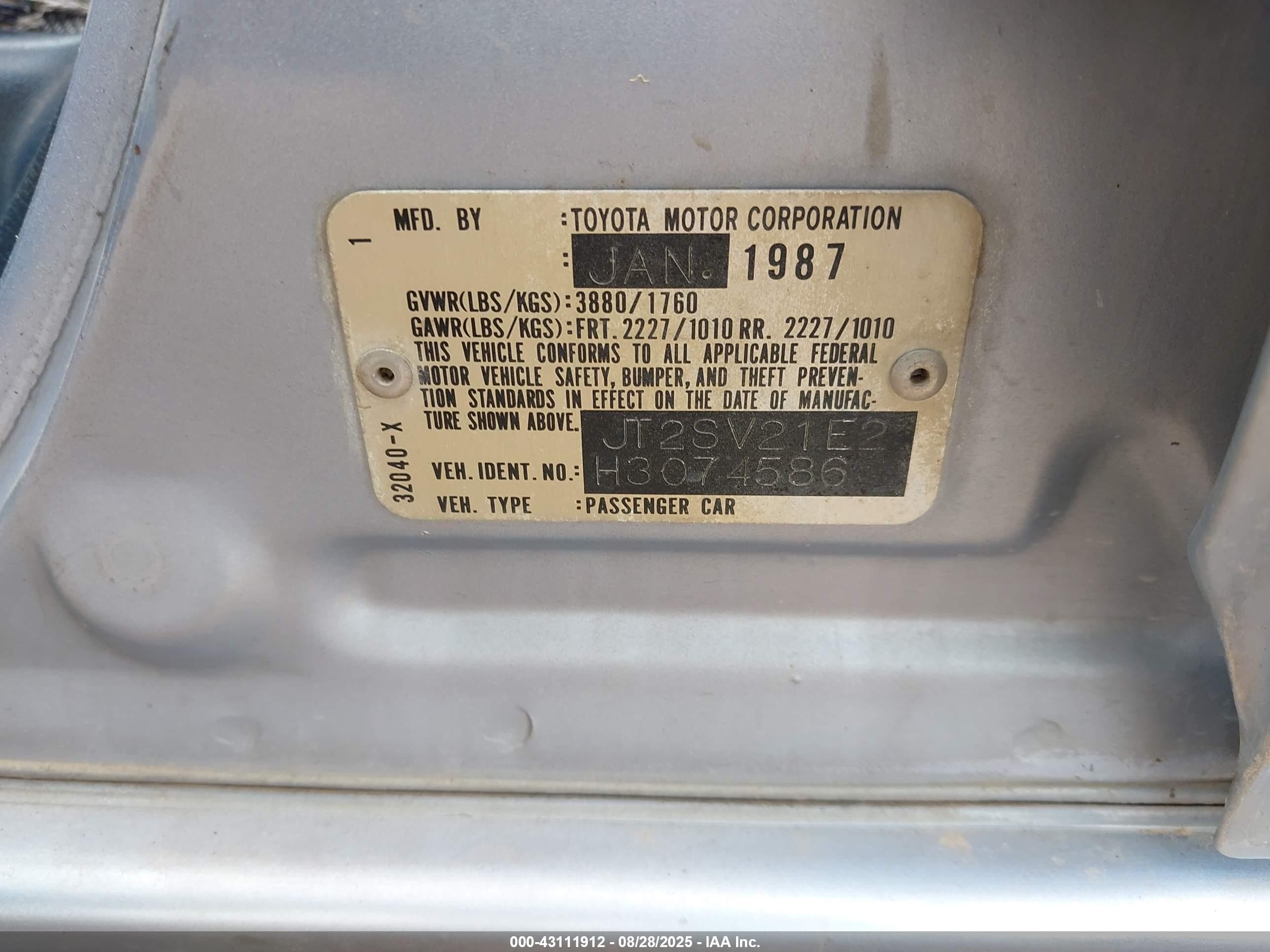 1987 Toyota Camry Dlx Silver vin: JT2SV21E2H3074586