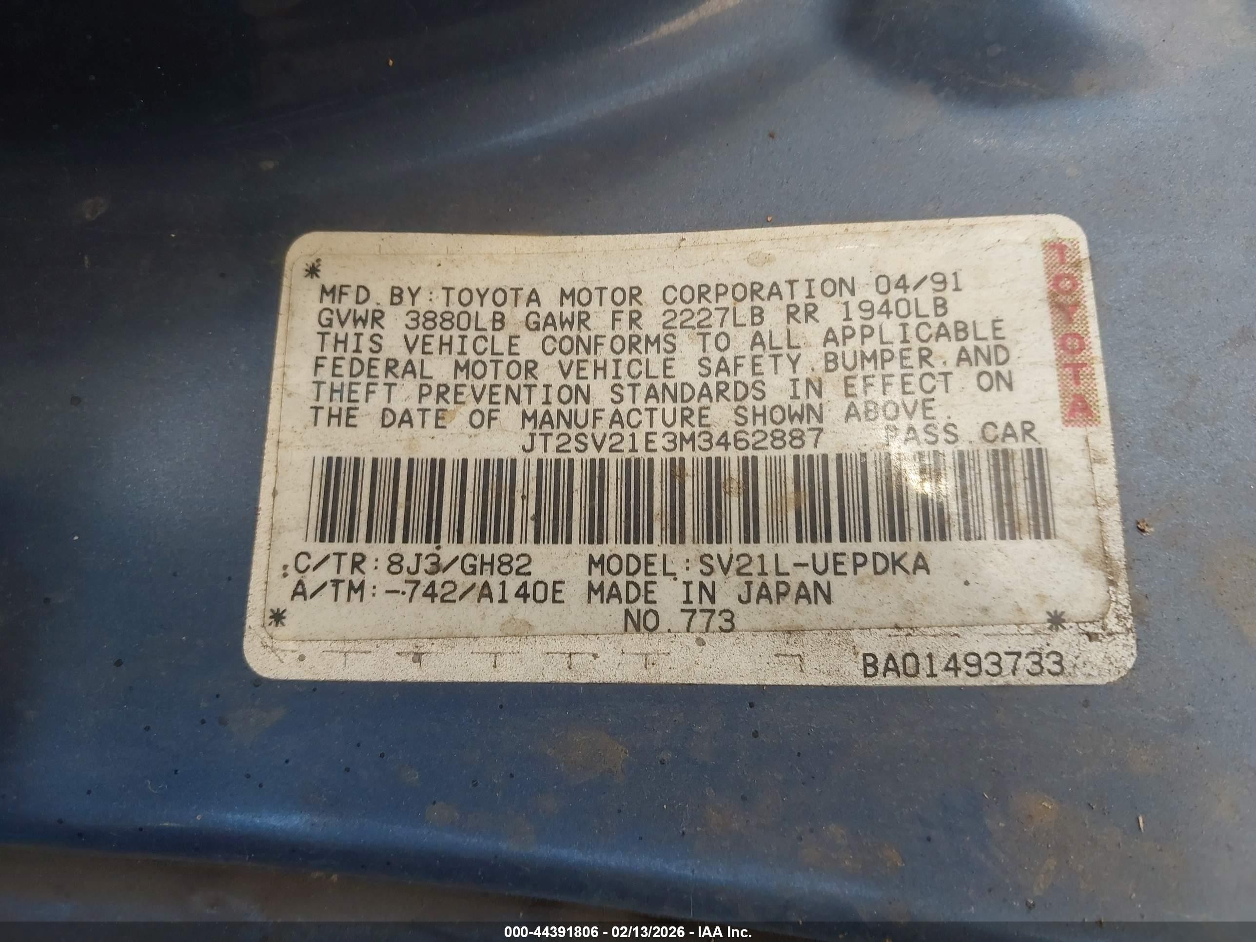 1991 Toyota Camry Dlx Light Blue vin: JT2SV21E3M3462887