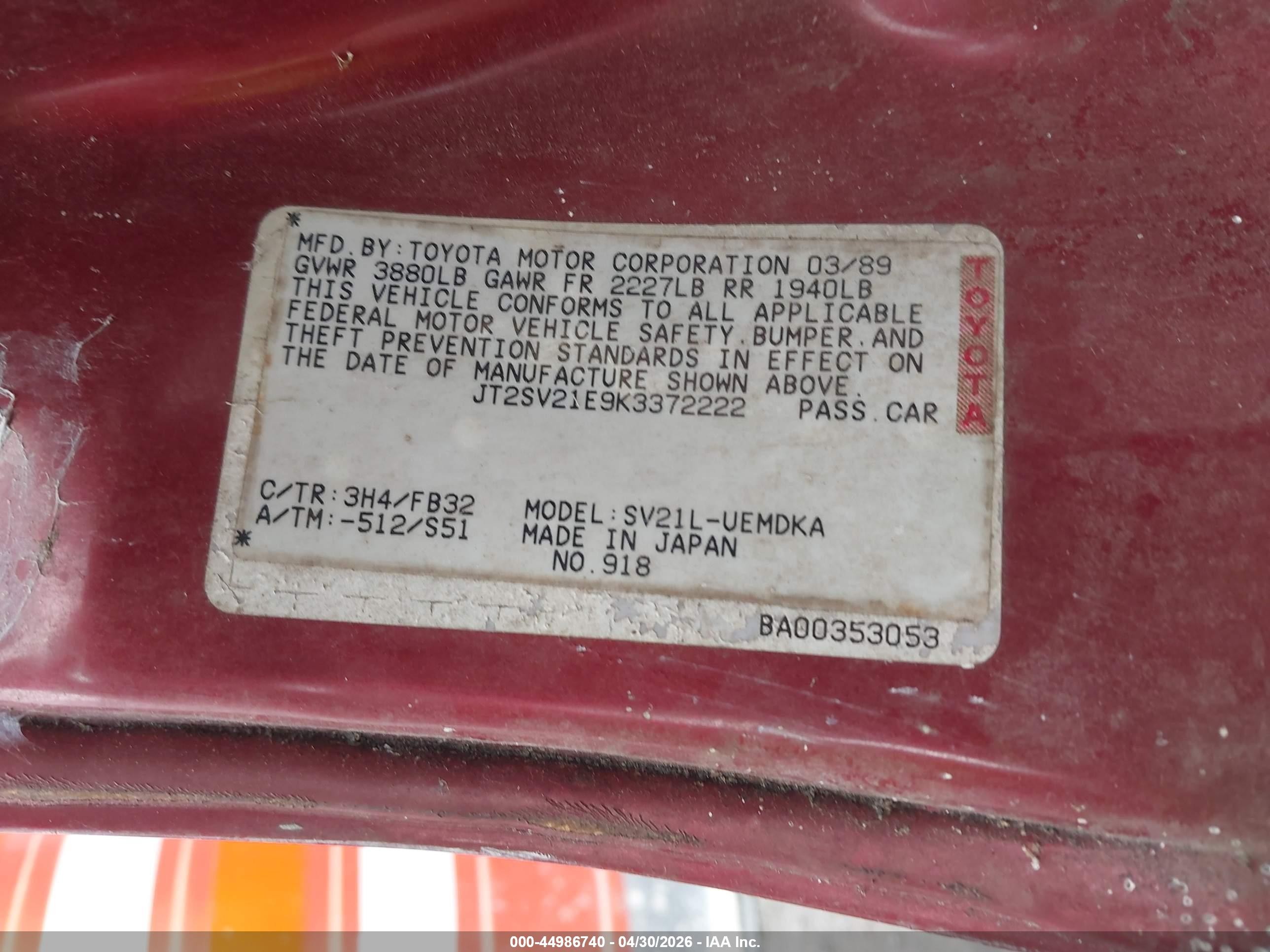 1989 Toyota Camry Dlx Red vin: JT2SV21E9K3372222