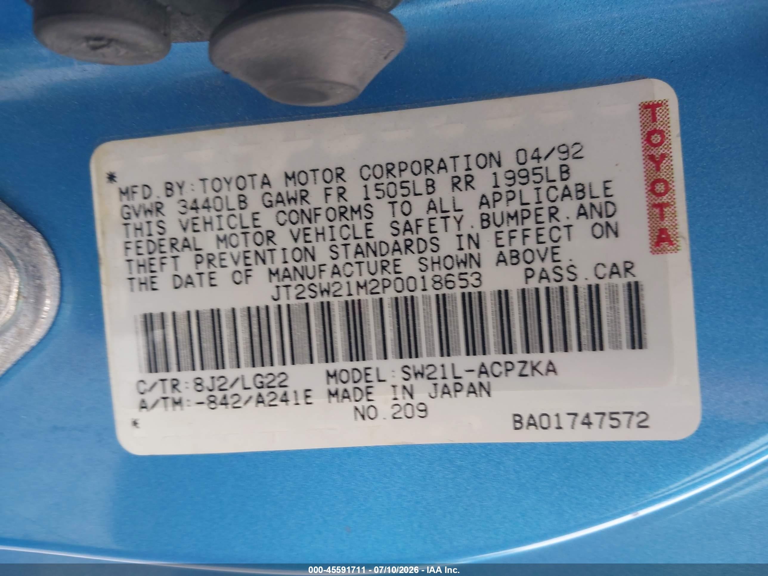 1993 Toyota Mr2   Blue vin: JT2SW21M2P0018653