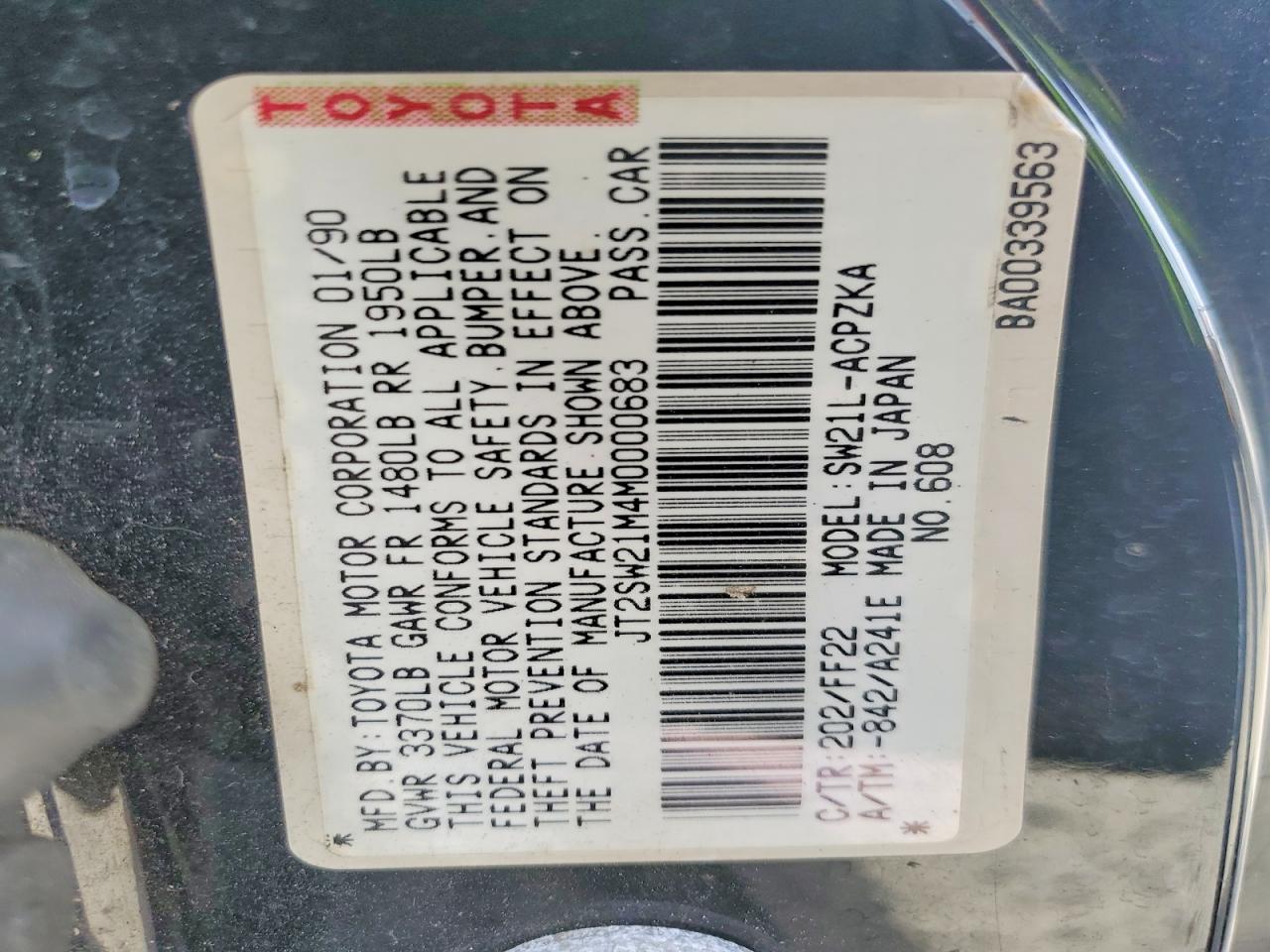1991 Toyota Mr2 Base Black vin: JT2SW21M4M0000683
