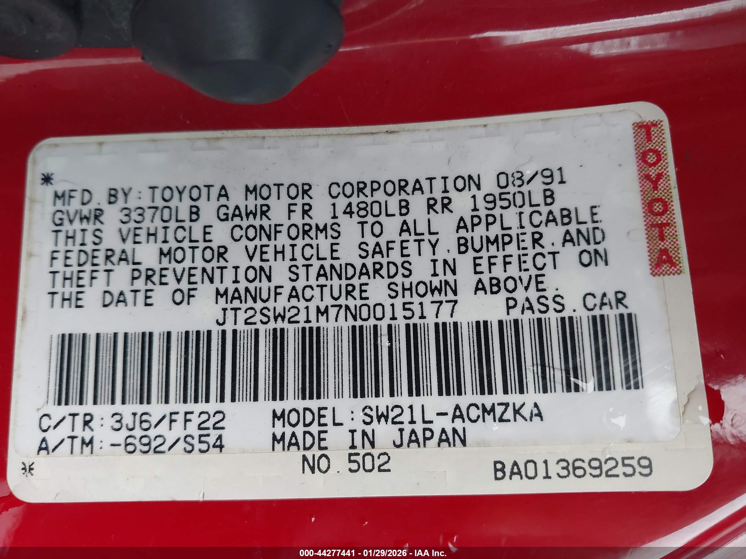 1992 Toyota Mr2 Red vin: JT2SW21M7N0015177