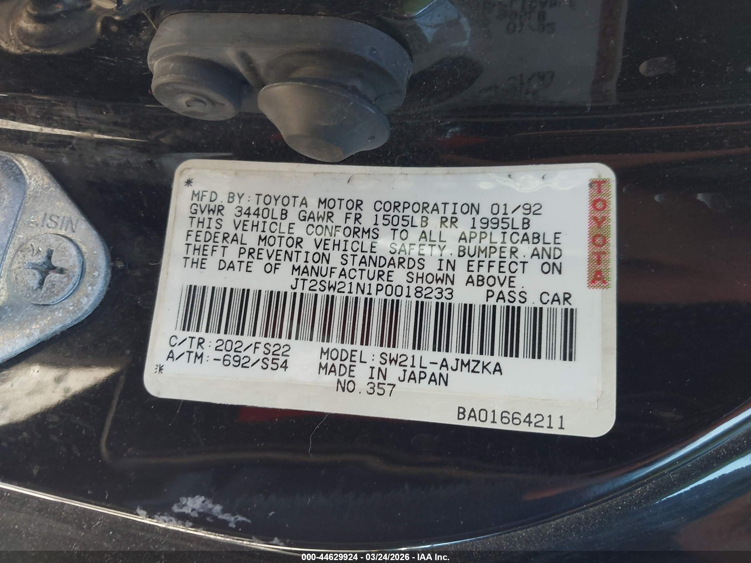 1993 Toyota Mr2 Sport Roof Black vin: JT2SW21N1P0018233