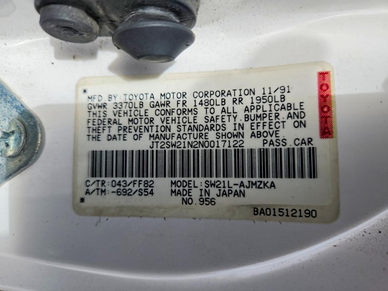 1992 Toyota Mr2 Base White vin: JT2SW21N2N0017122