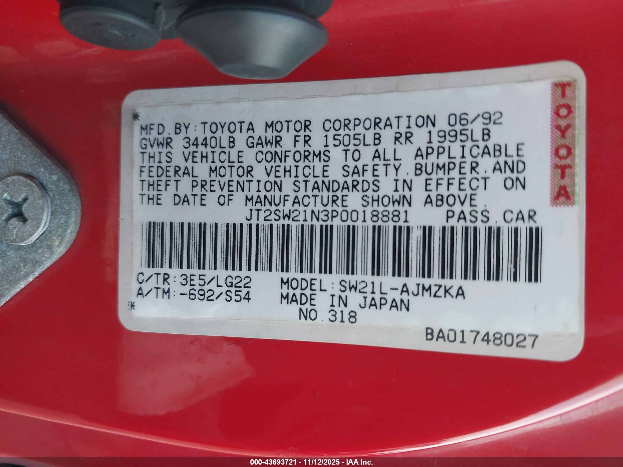 1993 Toyota Mr2 Sport Roof Red vin: JT2SW21N3P0018881