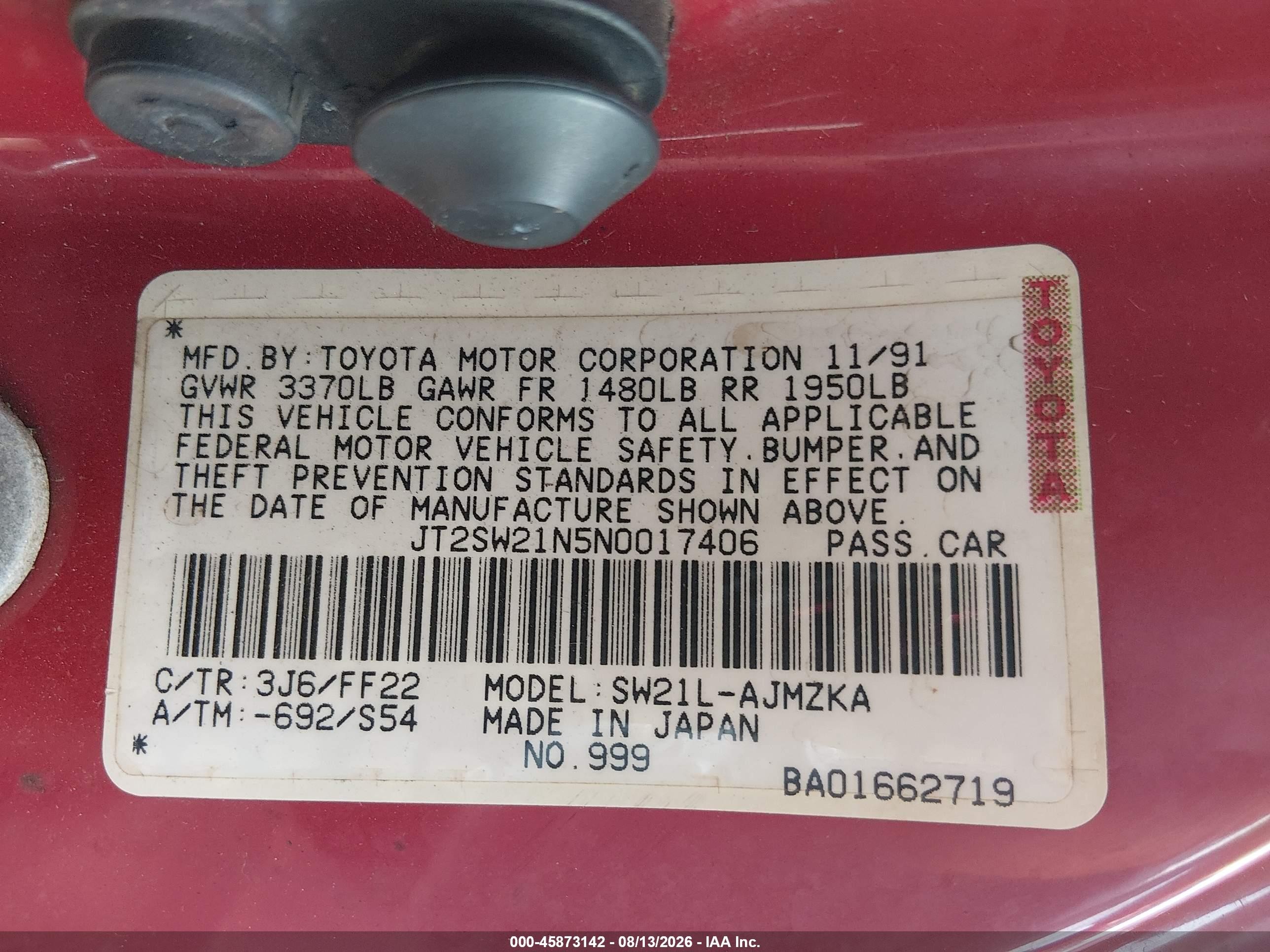 1992 Toyota Mr2 Sport Roof Красный vin: JT2SW21N5N0017406