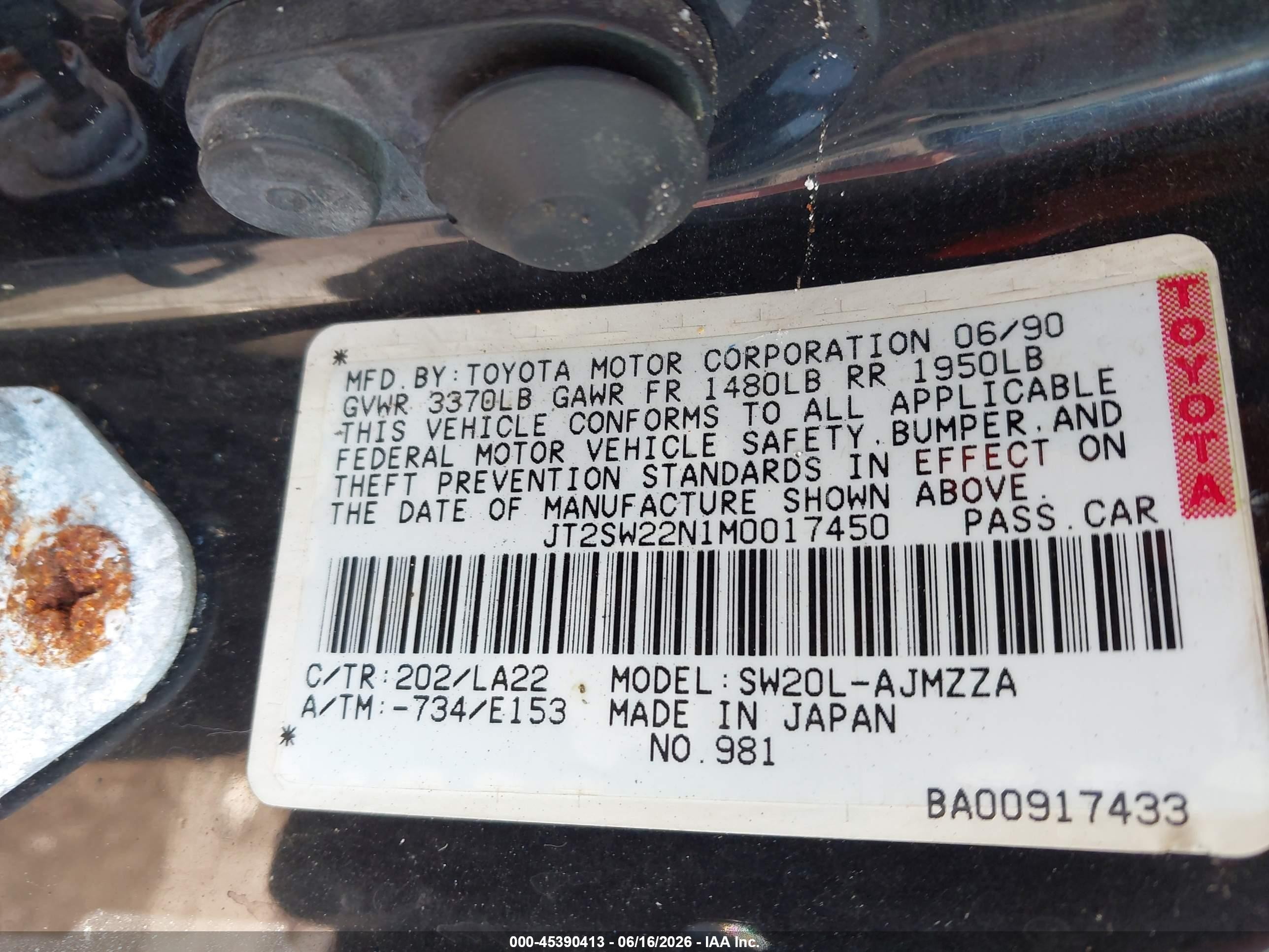 1991 Toyota Mr2 Sport Roof Blue vin: JT2SW22N1M0017450