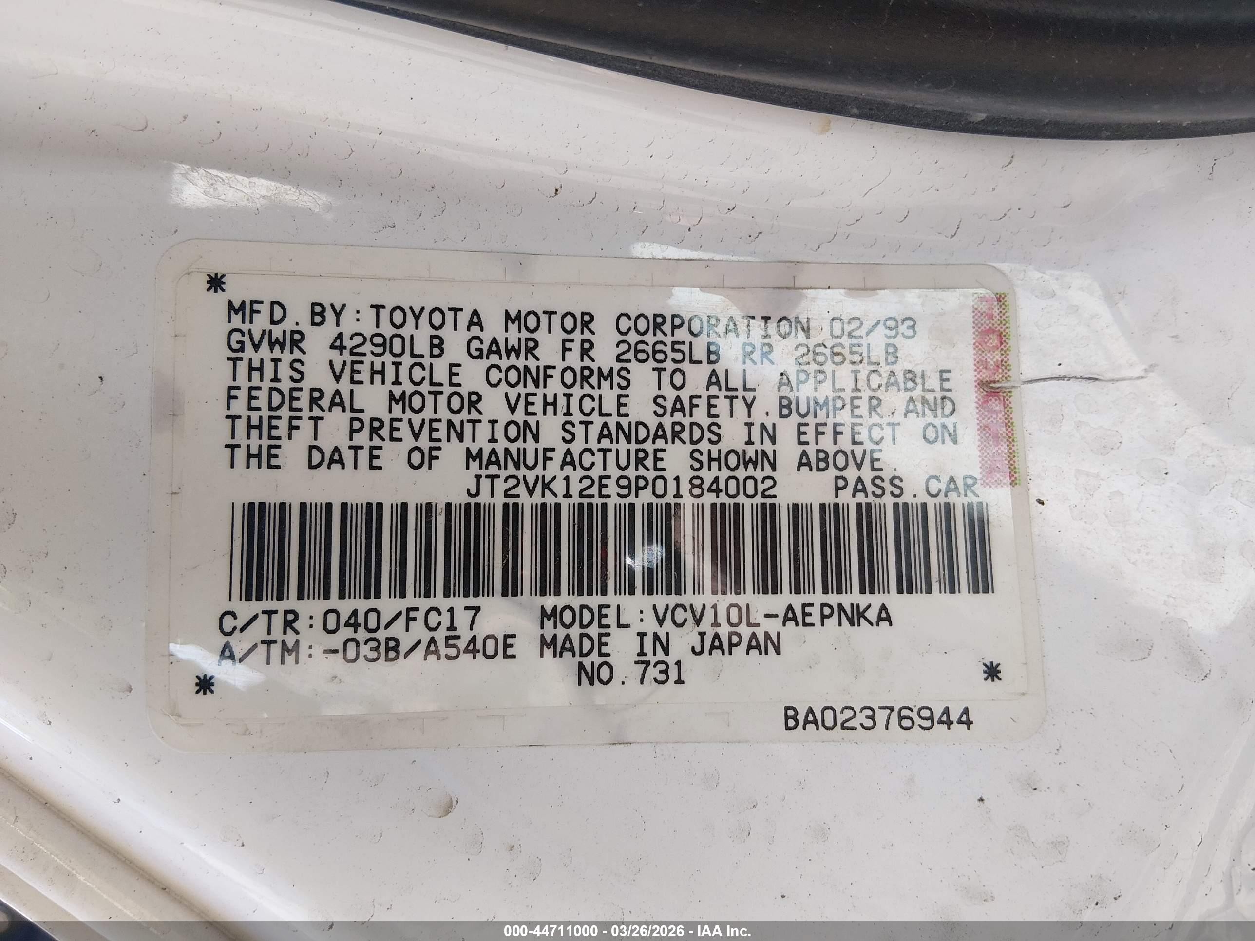 1993 Toyota Camry Le White vin: JT2VK12E9P0184002