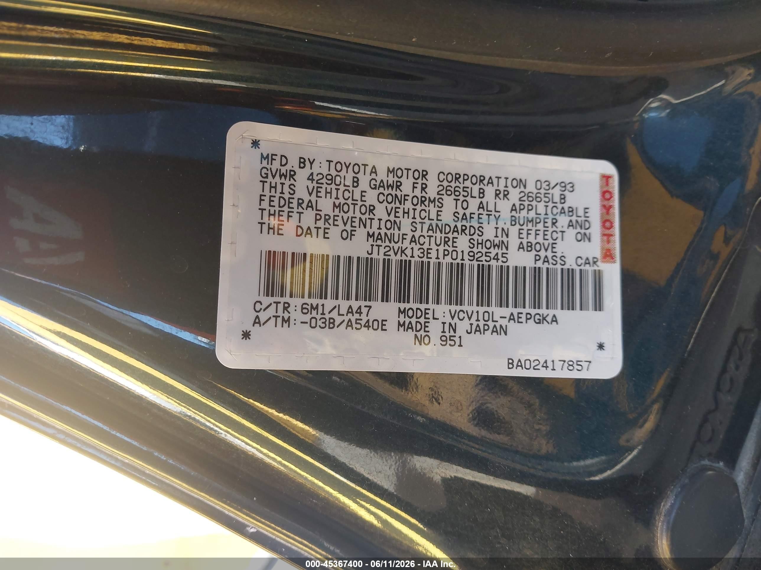 1993 Toyota Camry Xle Green vin: JT2VK13E1P0192545