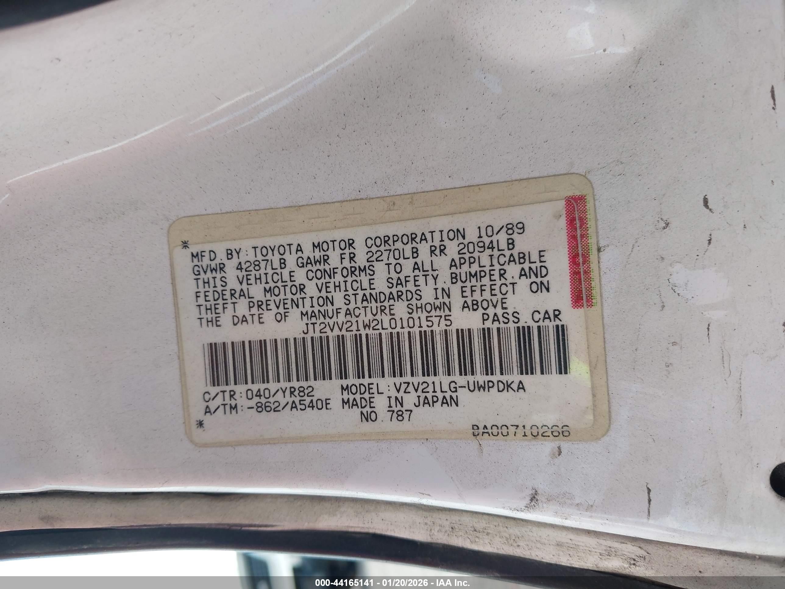 1990 Toyota Camry Dlx White vin: JT2VV21W2L0101575