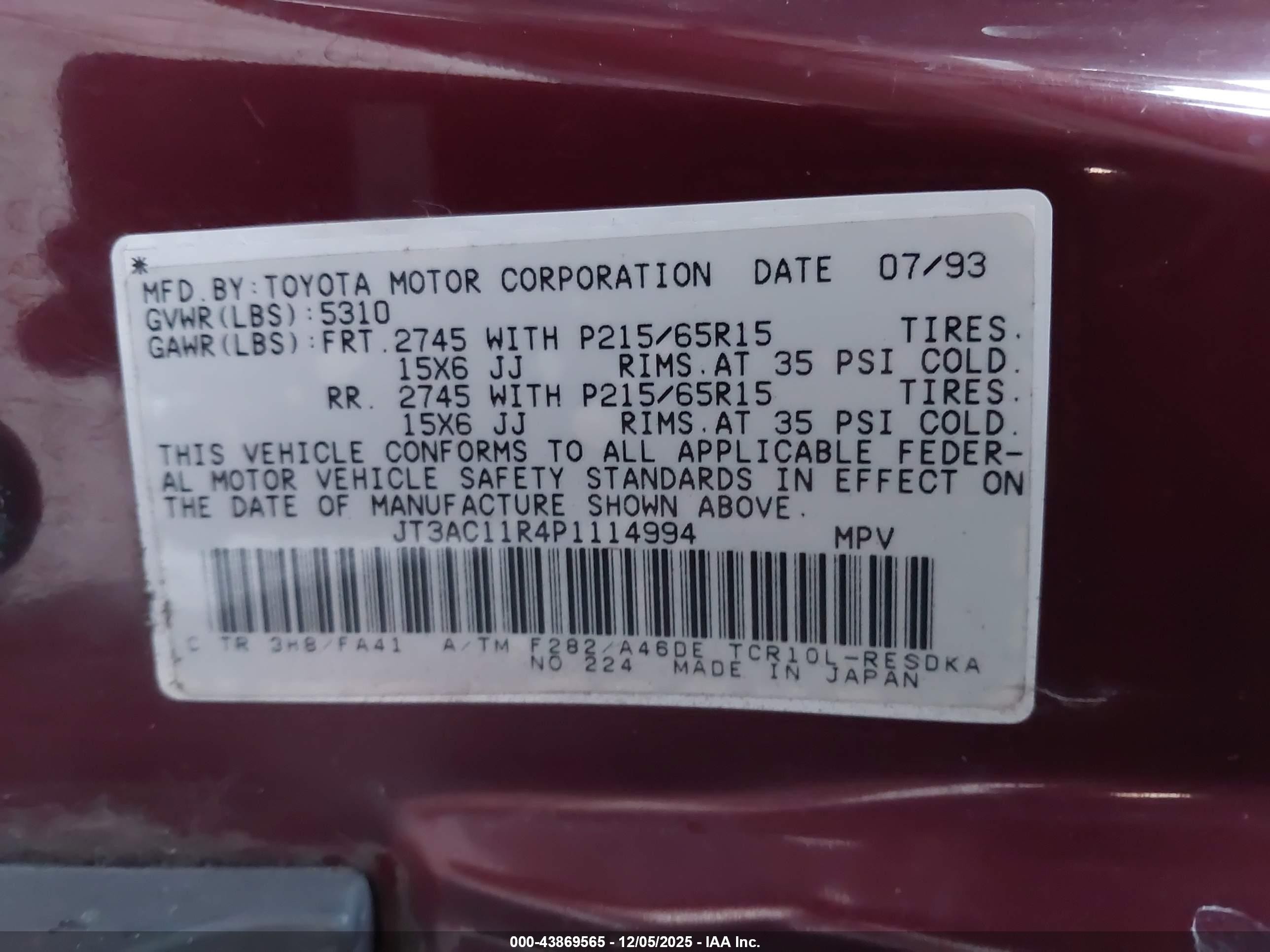 1993 Toyota Previa Dx Burgundy vin: JT3AC11R4P1114994