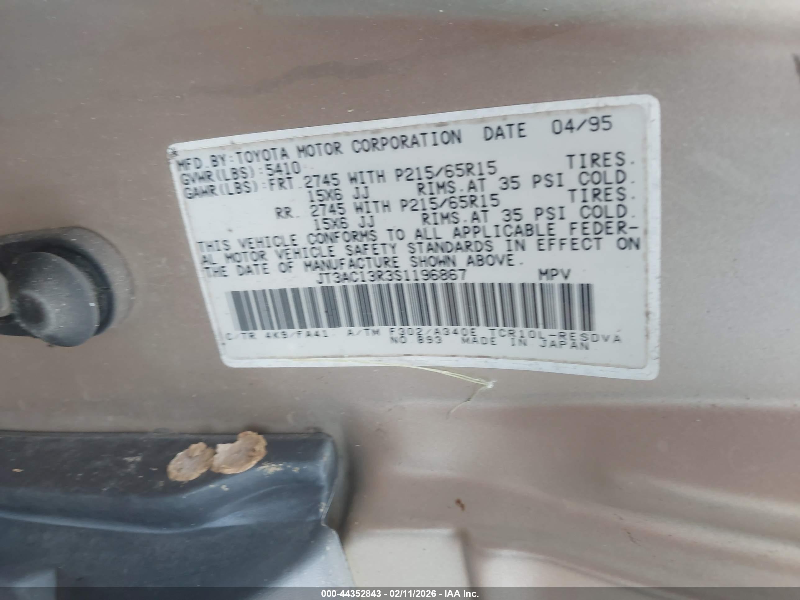 1995 Toyota Previa Dx Gold vin: JT3AC13R3S1196867