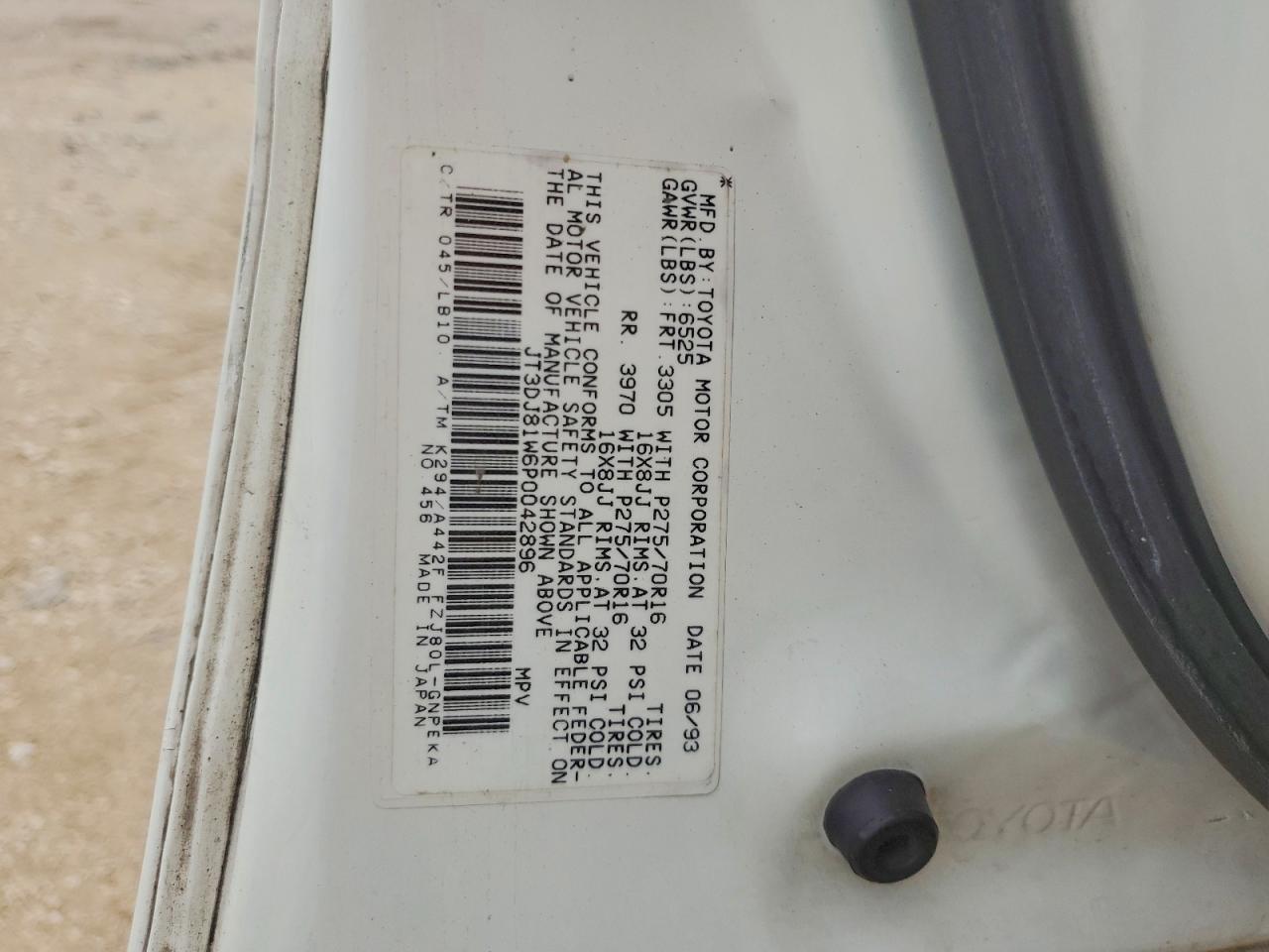 1993 Toyota Land Cruiser Base White vin: JT3DJ81W6P0042896