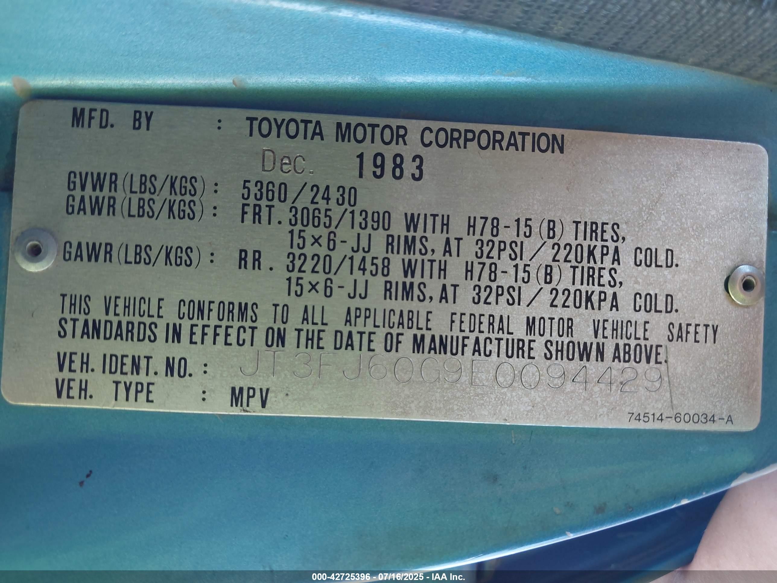 1984 Toyota Land Cruiser Fj60 Blue vin: JT3FJ60G9E0094429