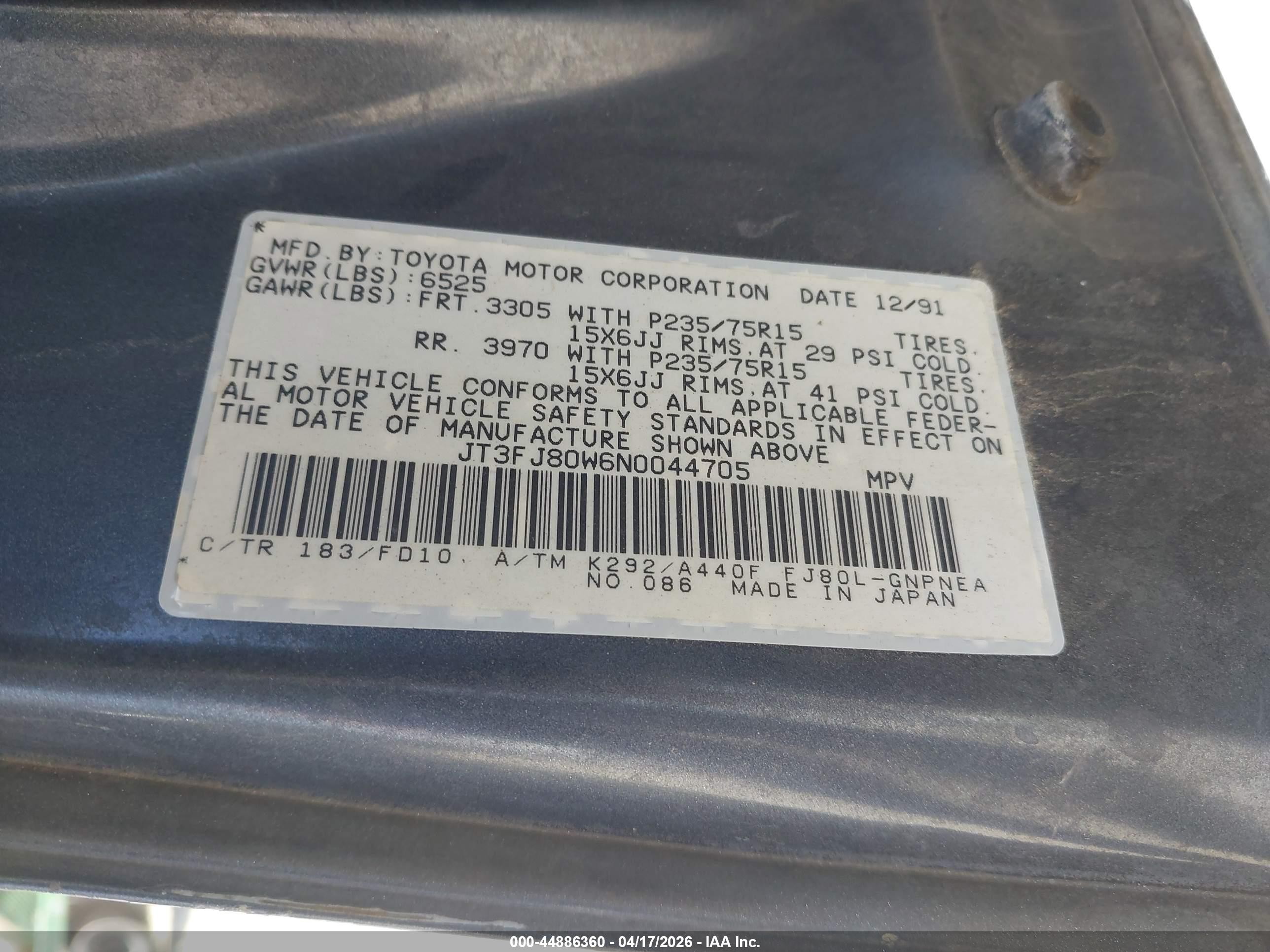 1992 Toyota Land Cruiser Fj80 Gray vin: JT3FJ80W6N0044705