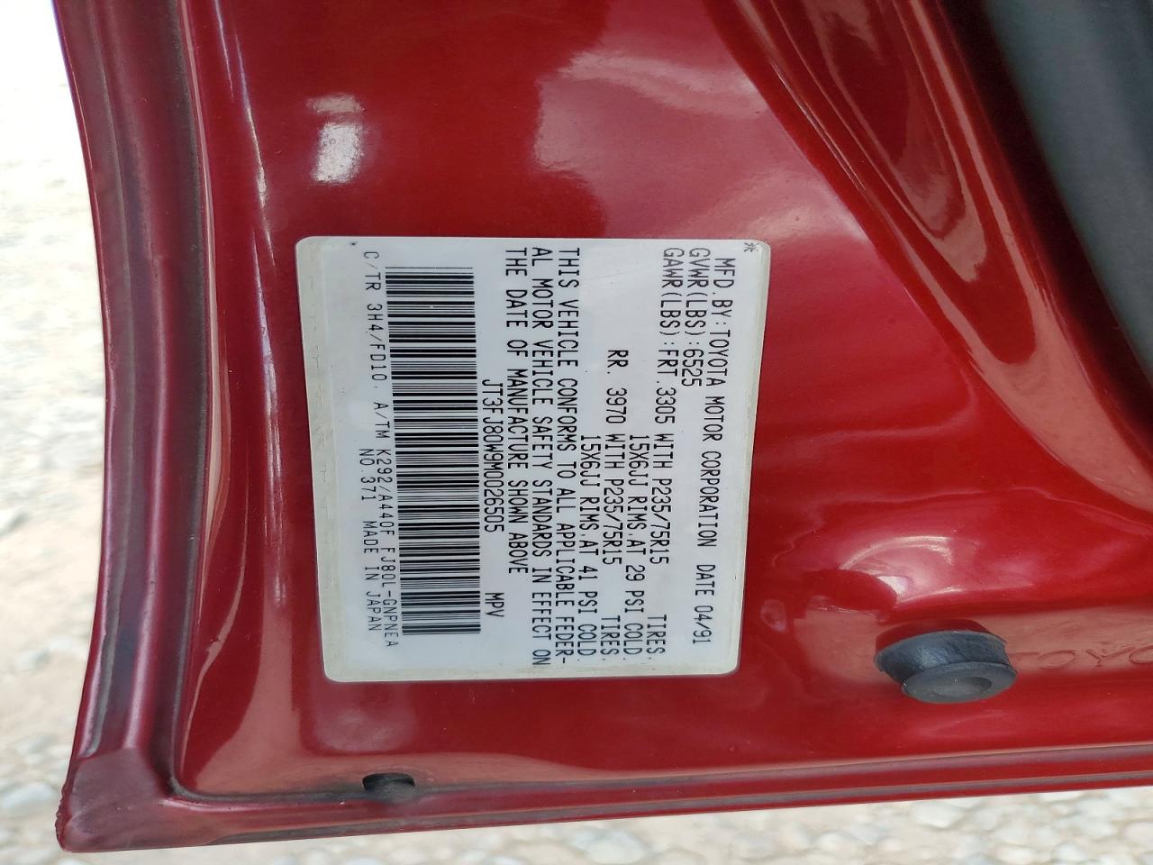 1991 Toyota Land Cruiser Fj80 Red vin: JT3FJ80W9M0026505