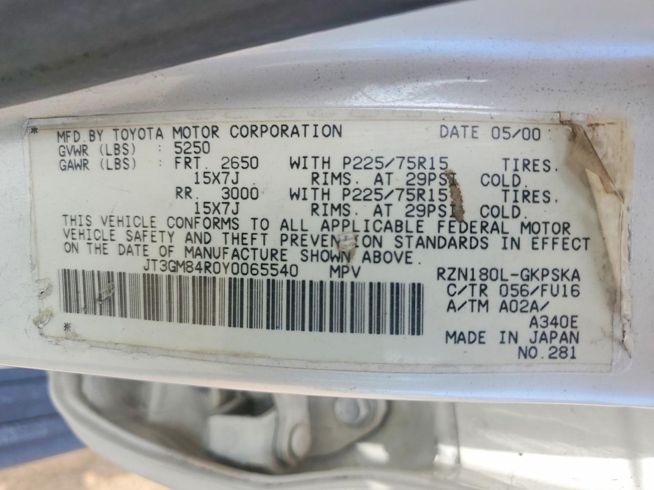 2000 Toyota 4runner Base White vin: JT3GM84R0Y0065540