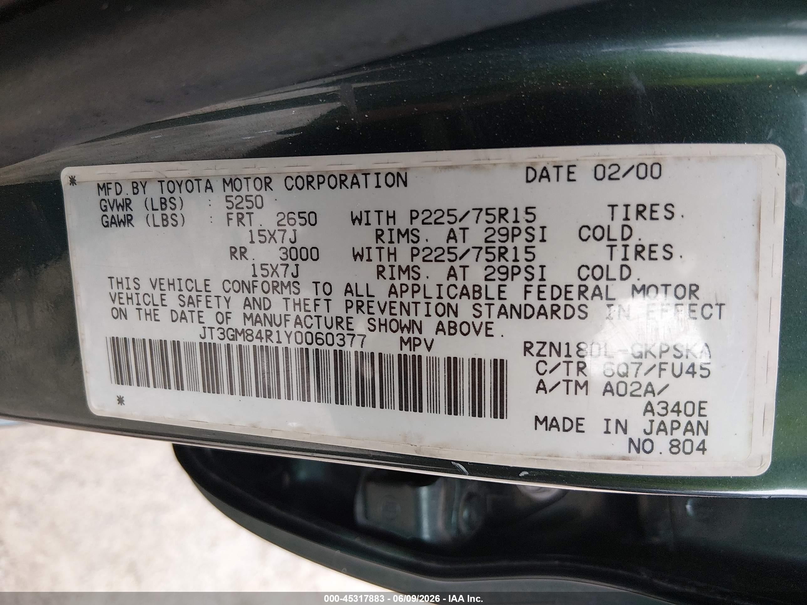 2000 Toyota 4runner   Зеленый vin: JT3GM84R1Y0060377