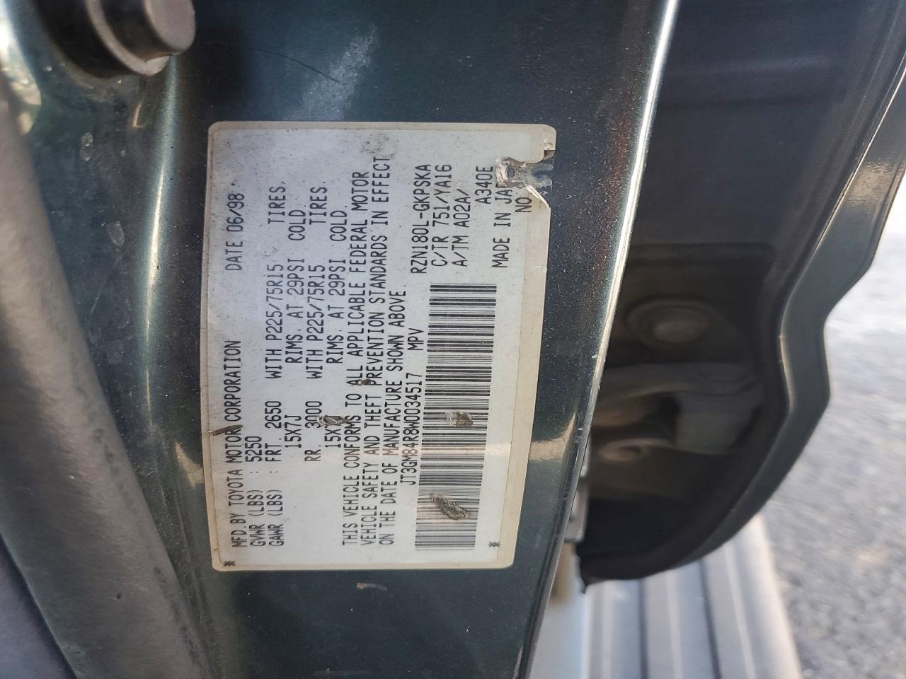 1998 Toyota 4runner Base Green vin: JT3GM84R8W0034517