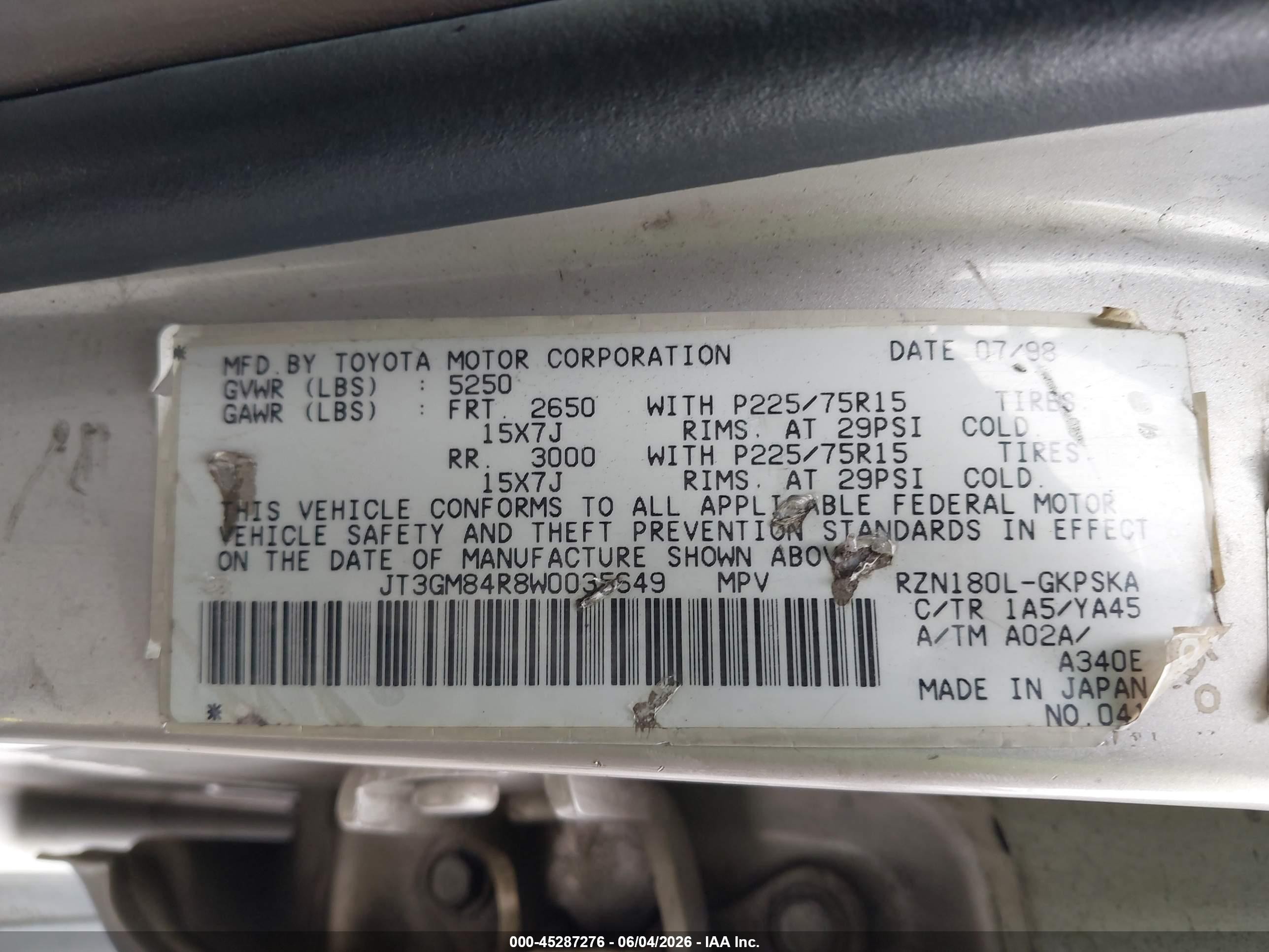 1998 Toyota 4runner   Champagne vin: JT3GM84R8W0035649