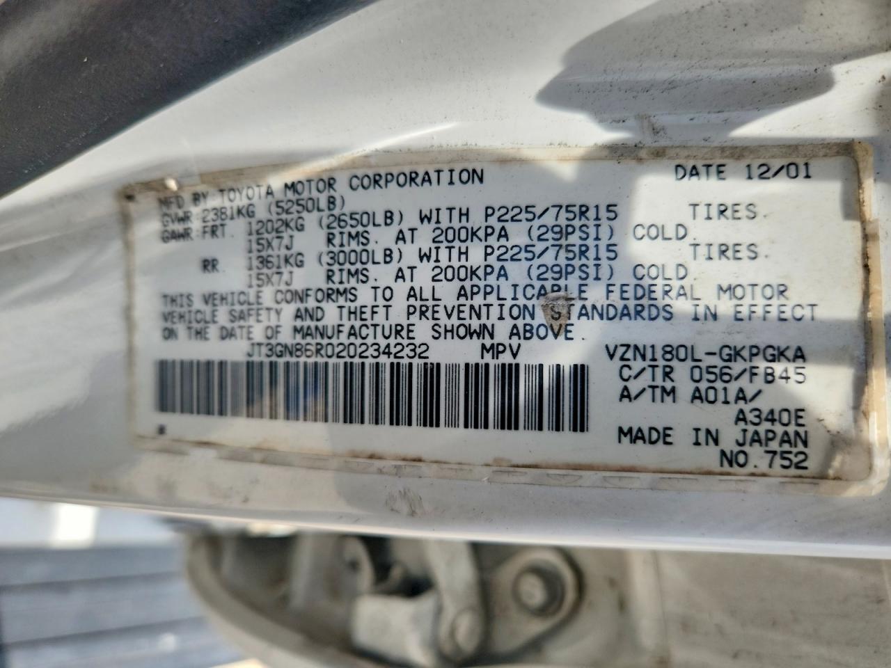 2002 Toyota 4runner Sr5 White vin: JT3GN86R020234232