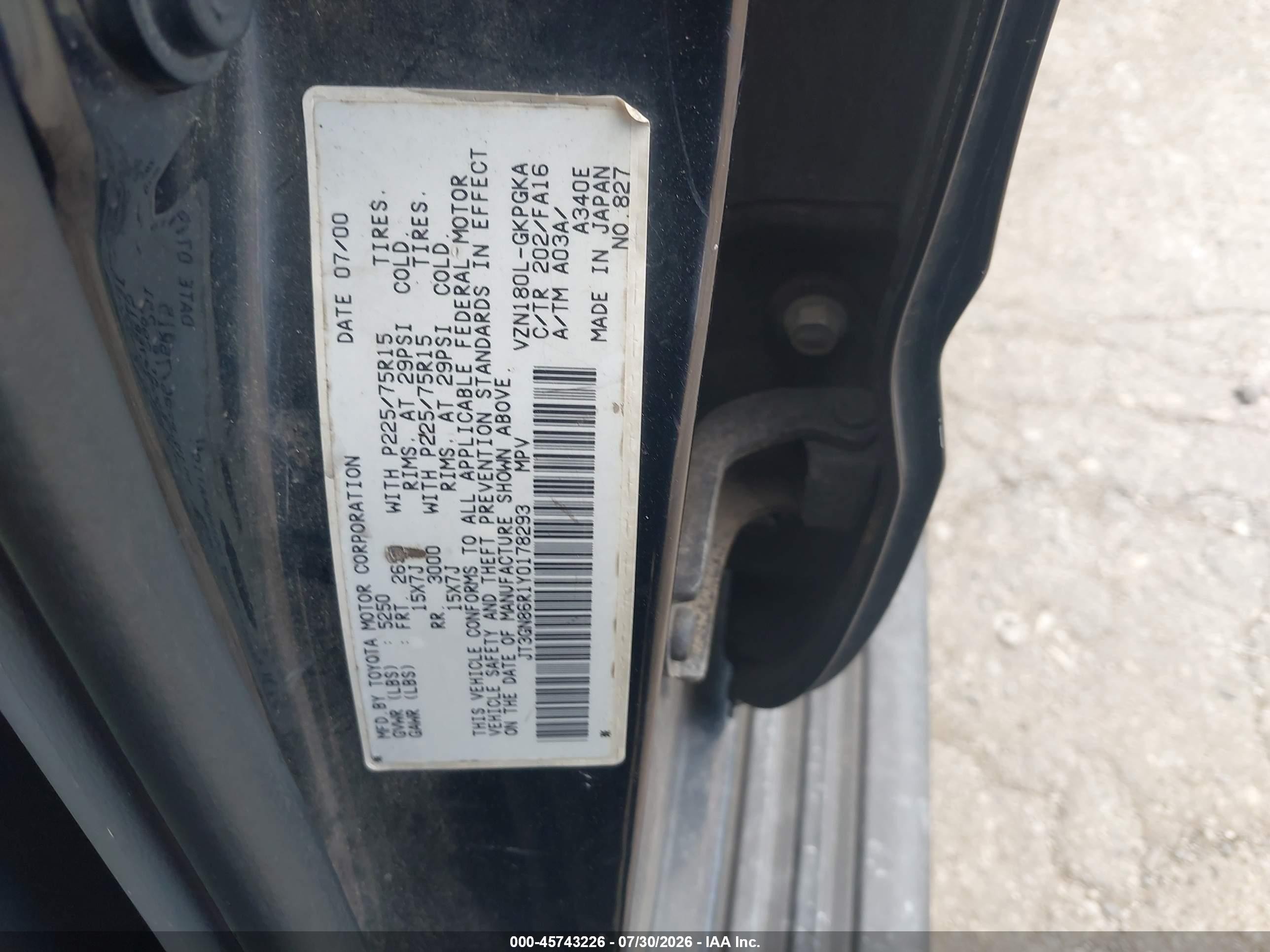 2000 Toyota 4runner Sr5 V6 Black vin: JT3GN86R1Y0178293