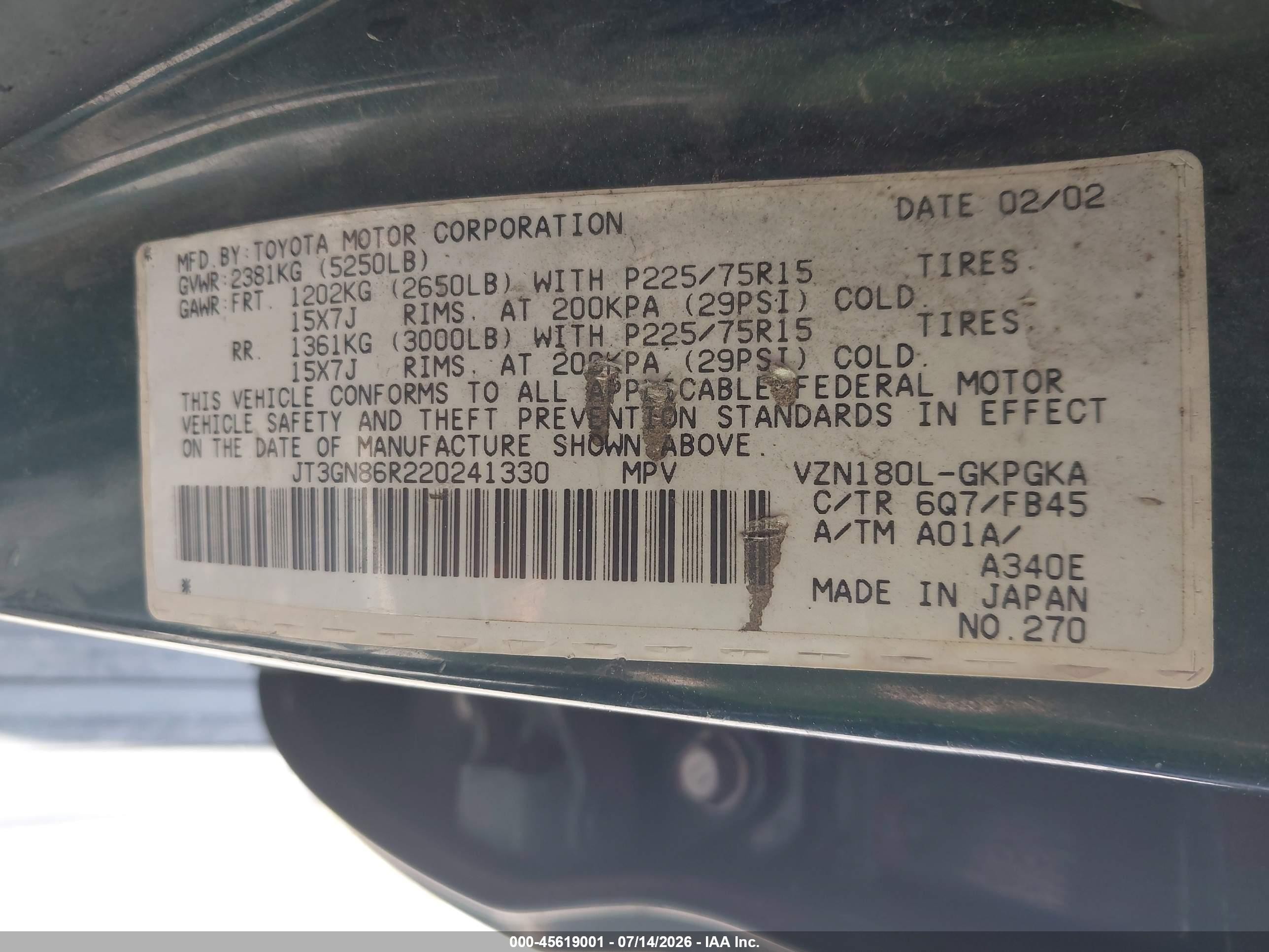 2002 Toyota 4runner Sr5 V6 Green vin: JT3GN86R220241330