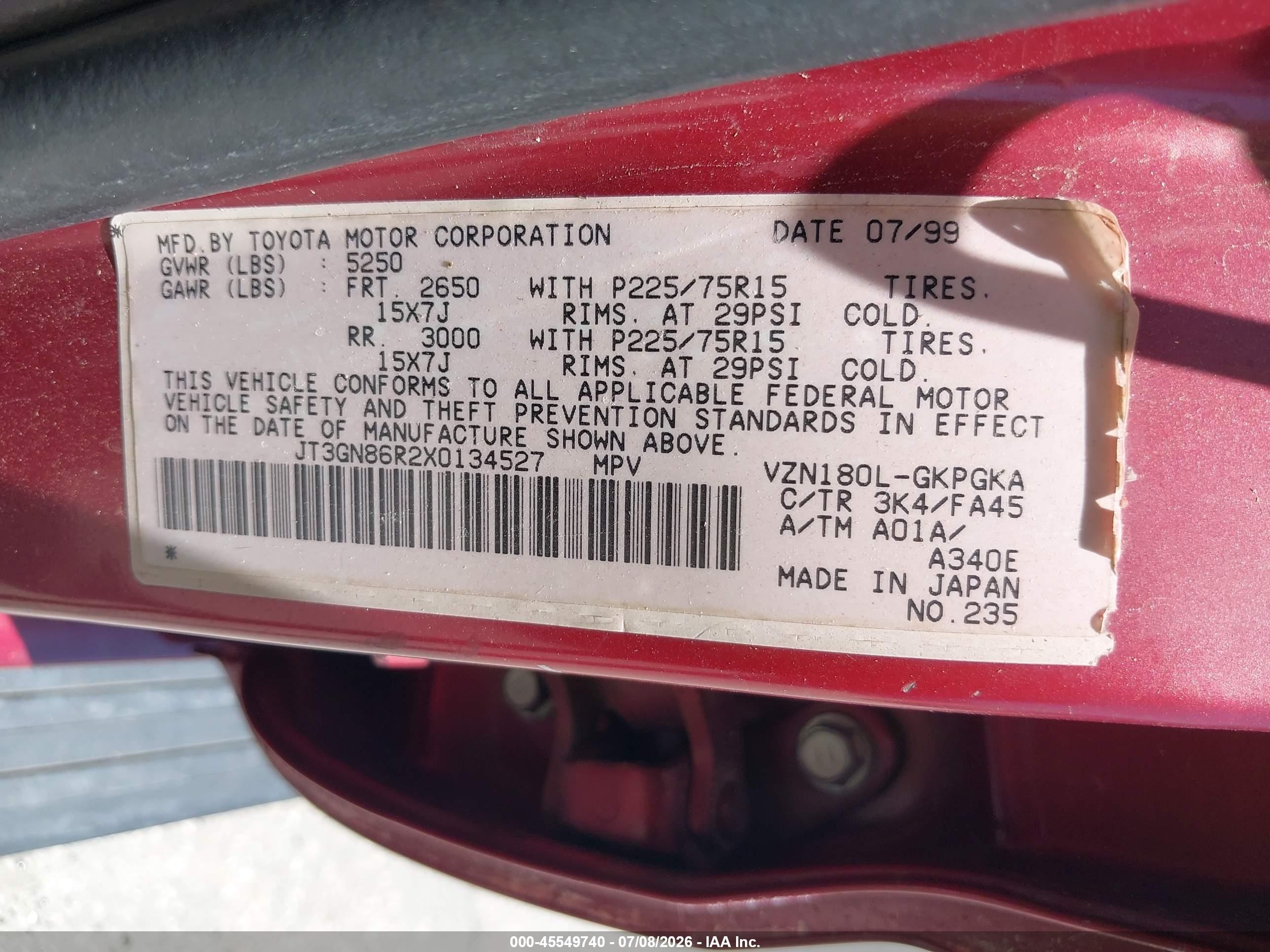 1999 Toyota 4runner Sr5 V6 Red vin: JT3GN86R2X0134527