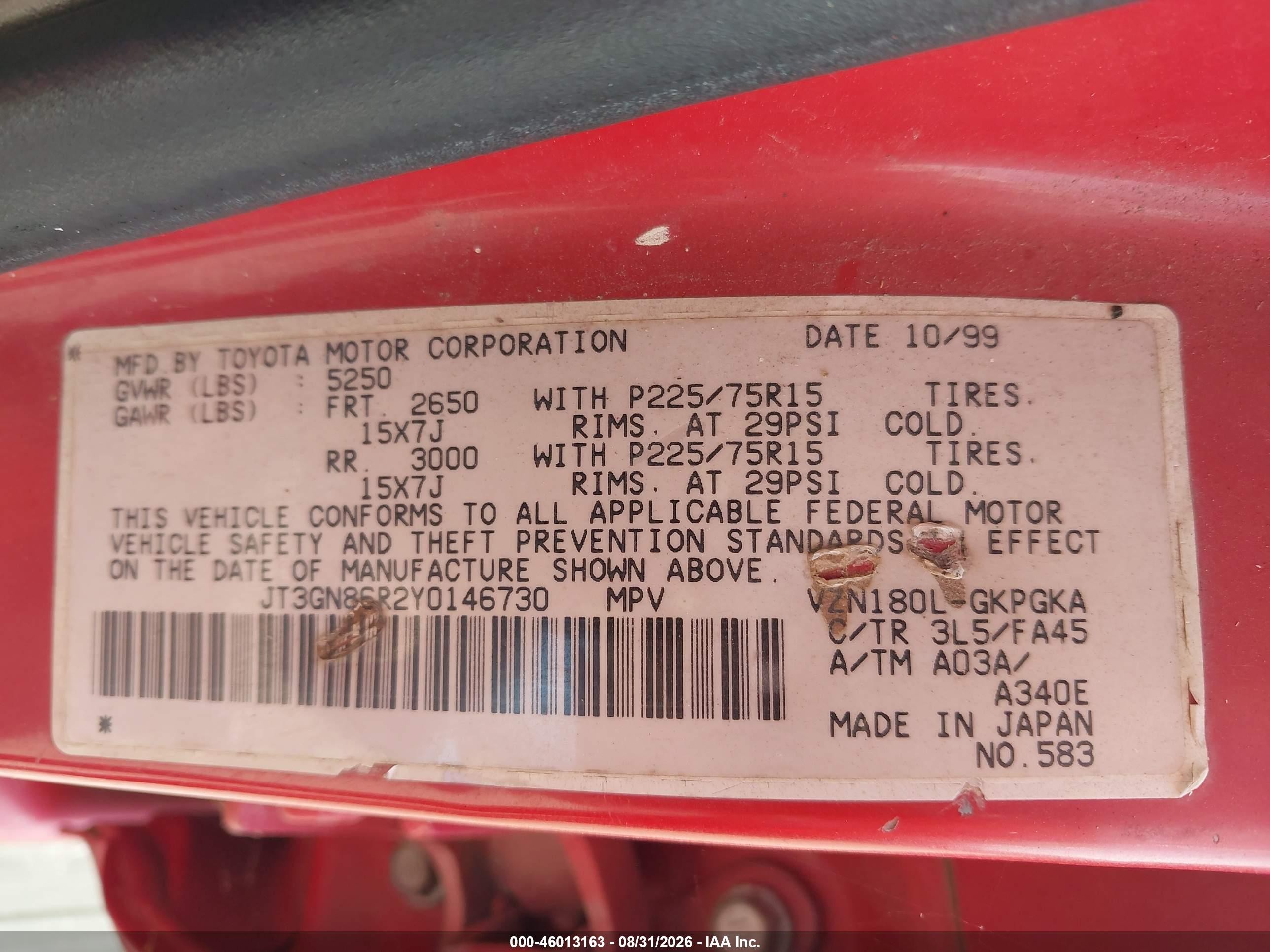 2000 Toyota 4runner Sr5 V6 Red vin: JT3GN86R2Y0146730