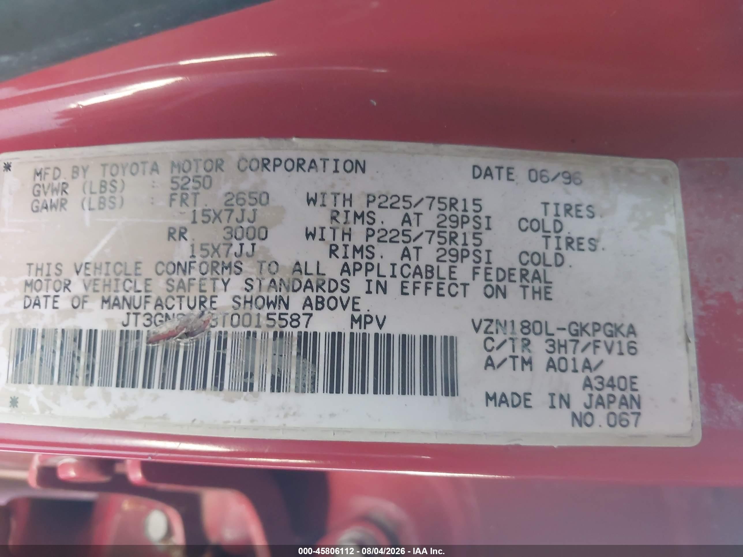 1996 Toyota 4runner Sr5 Red vin: JT3GN86R3T0015587