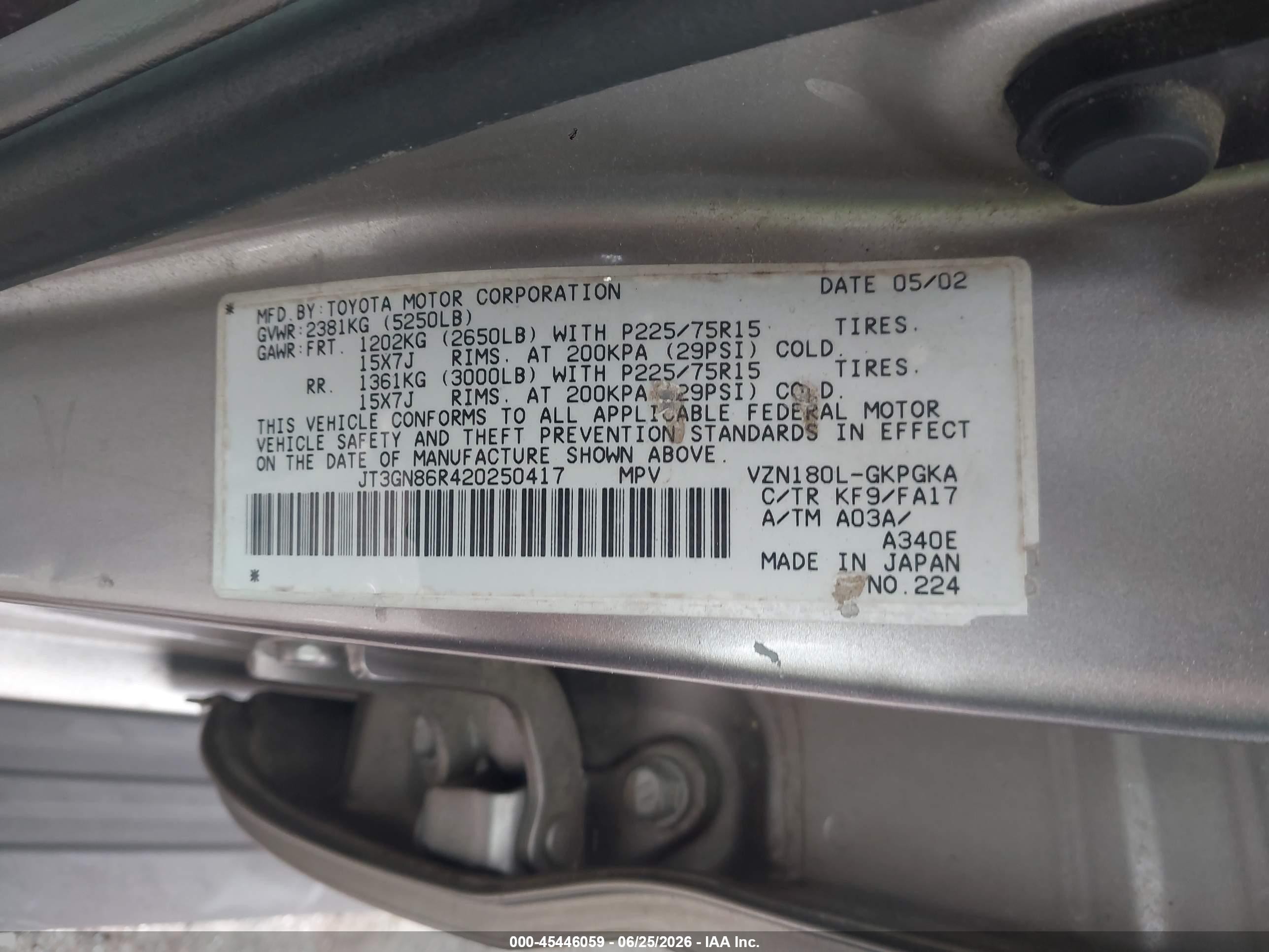 2002 Toyota 4runner Sr5 V6 Tan vin: JT3GN86R420250417