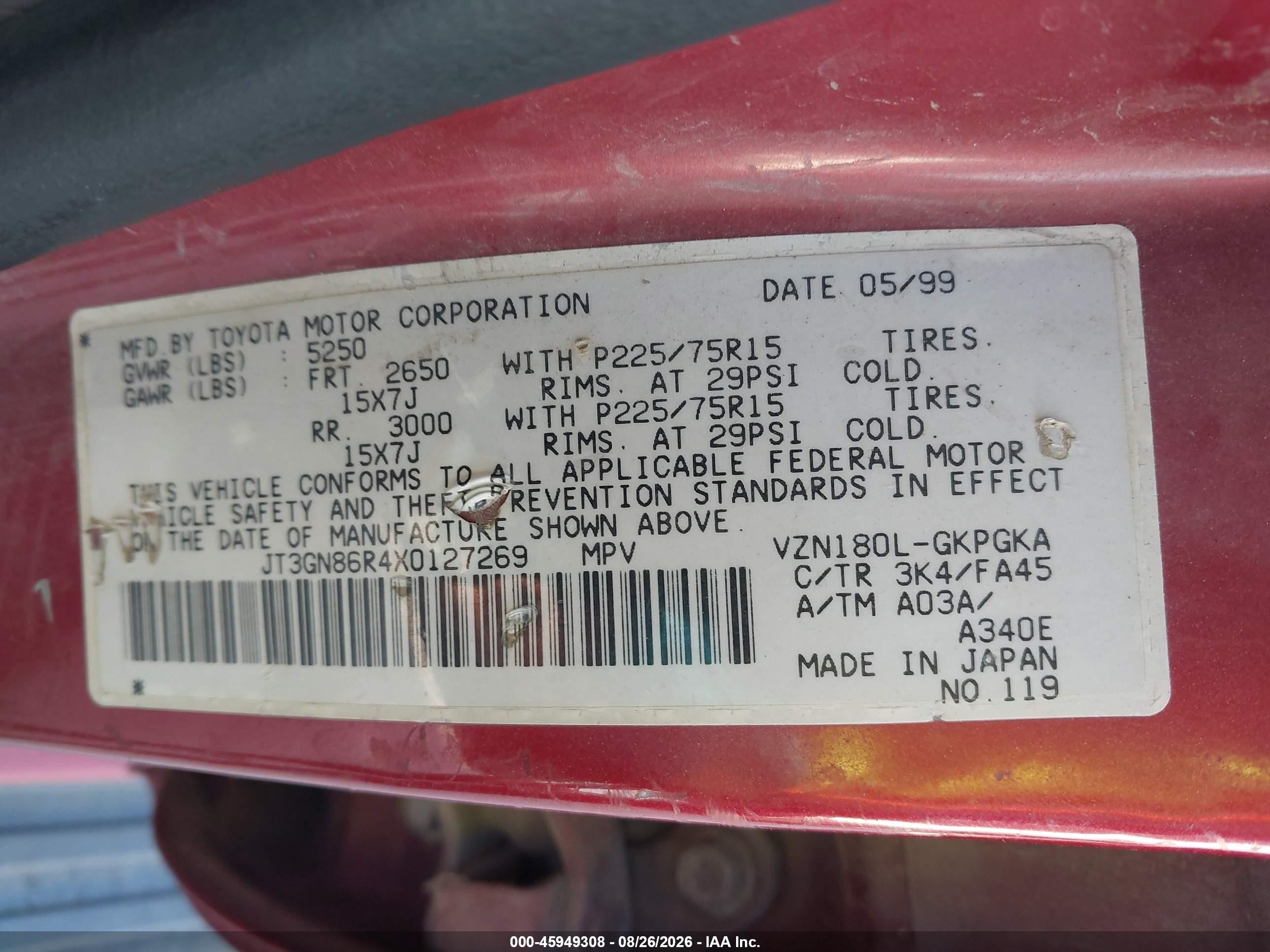 1999 Toyota 4runner Sr5 V6 Red vin: JT3GN86R4X0127269