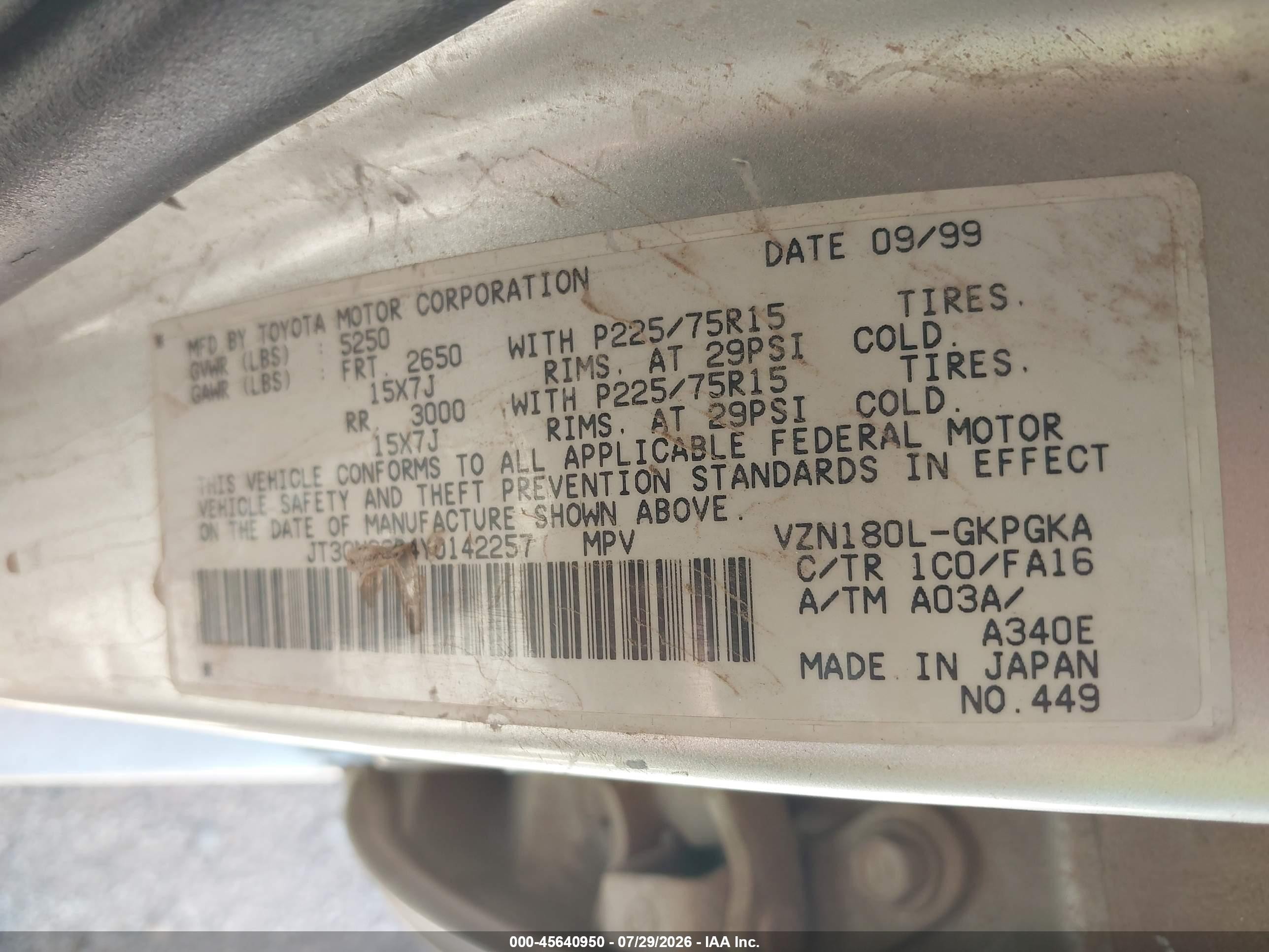 2000 Toyota 4runner Sr5 V6 Silver vin: JT3GN86R4Y0142257