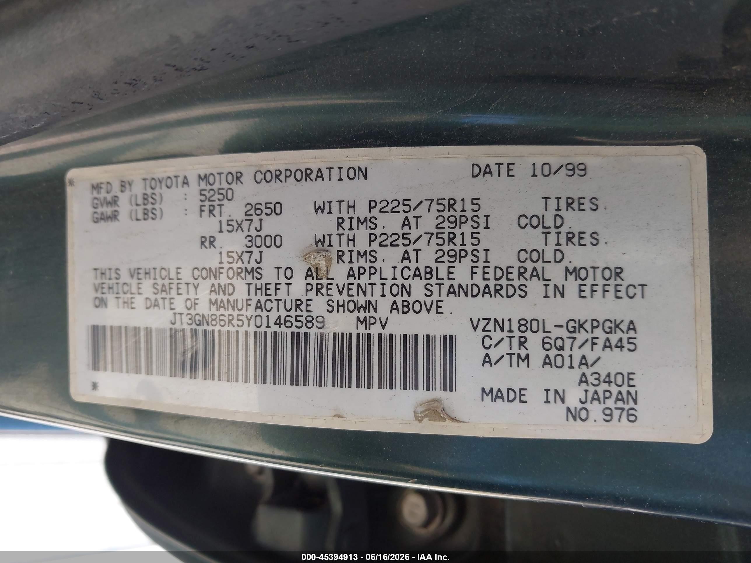 2000 Toyota 4runner Sr5 V6 Green vin: JT3GN86R5Y0146589