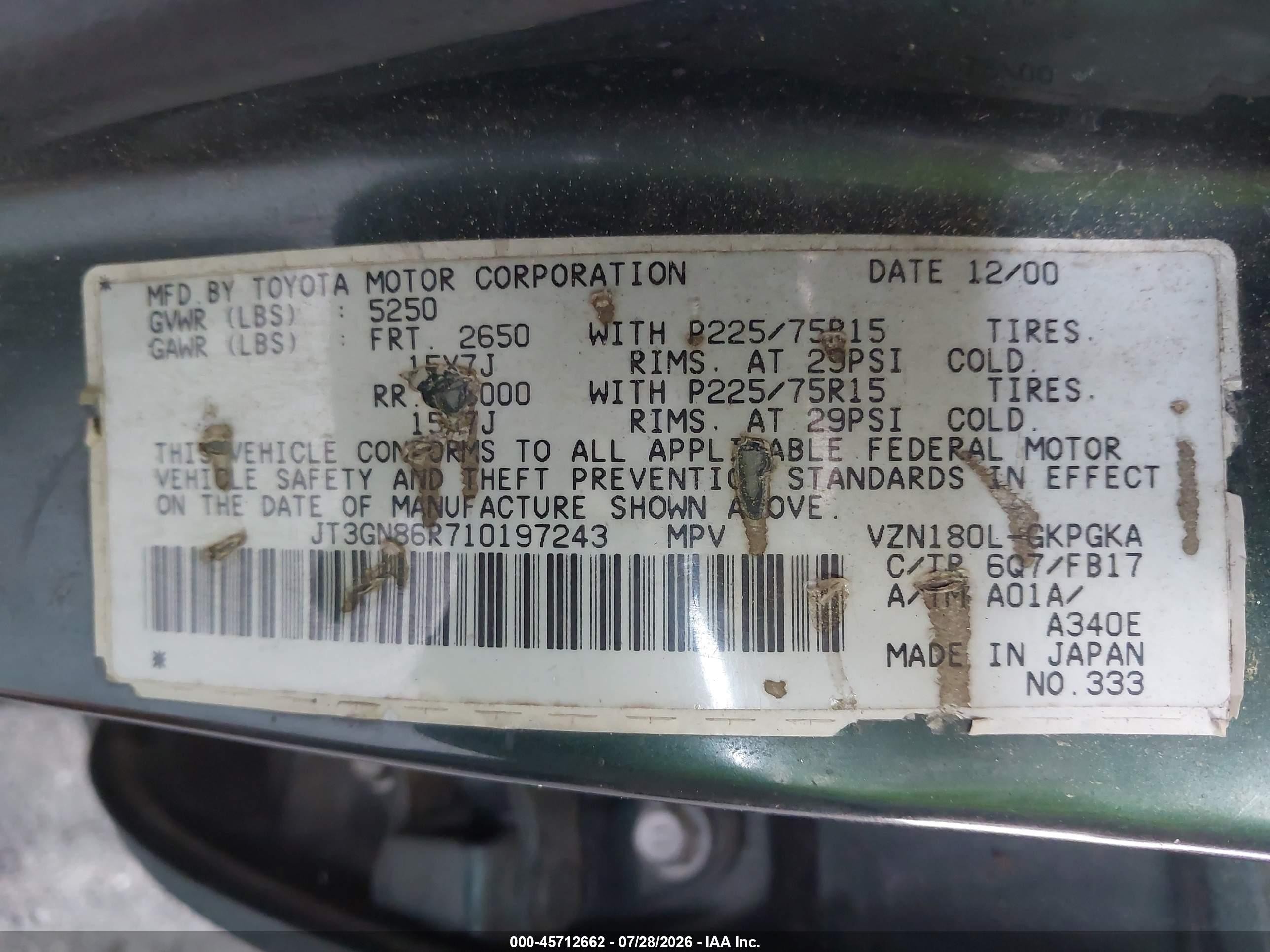 2001 Toyota 4runner Sr5 V6 Green vin: JT3GN86R710197243
