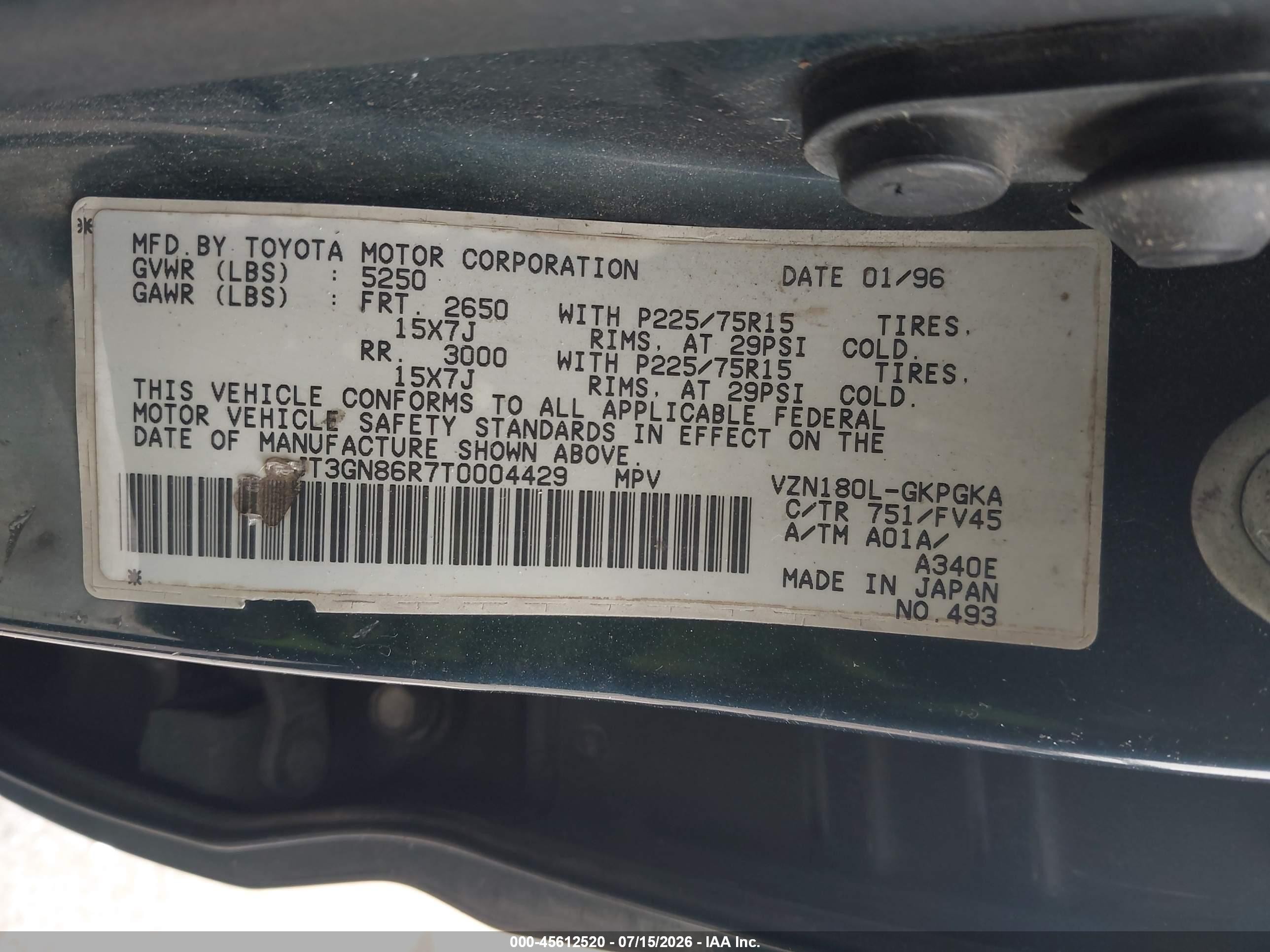 1996 Toyota 4runner Sr5 Green vin: JT3GN86R7T0004429