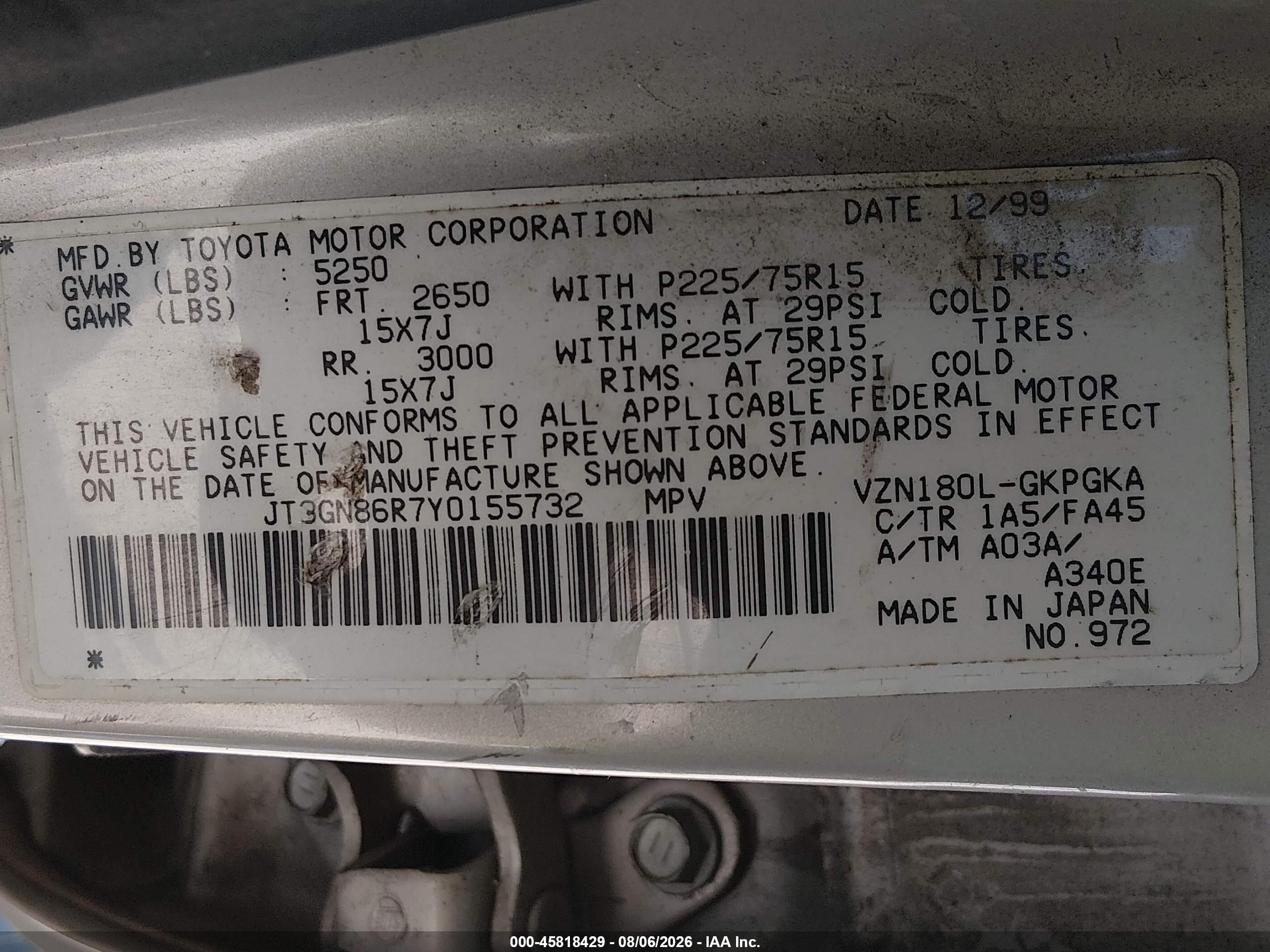 2000 Toyota 4runner Sr5 V6 Silver vin: JT3GN86R7Y0155732