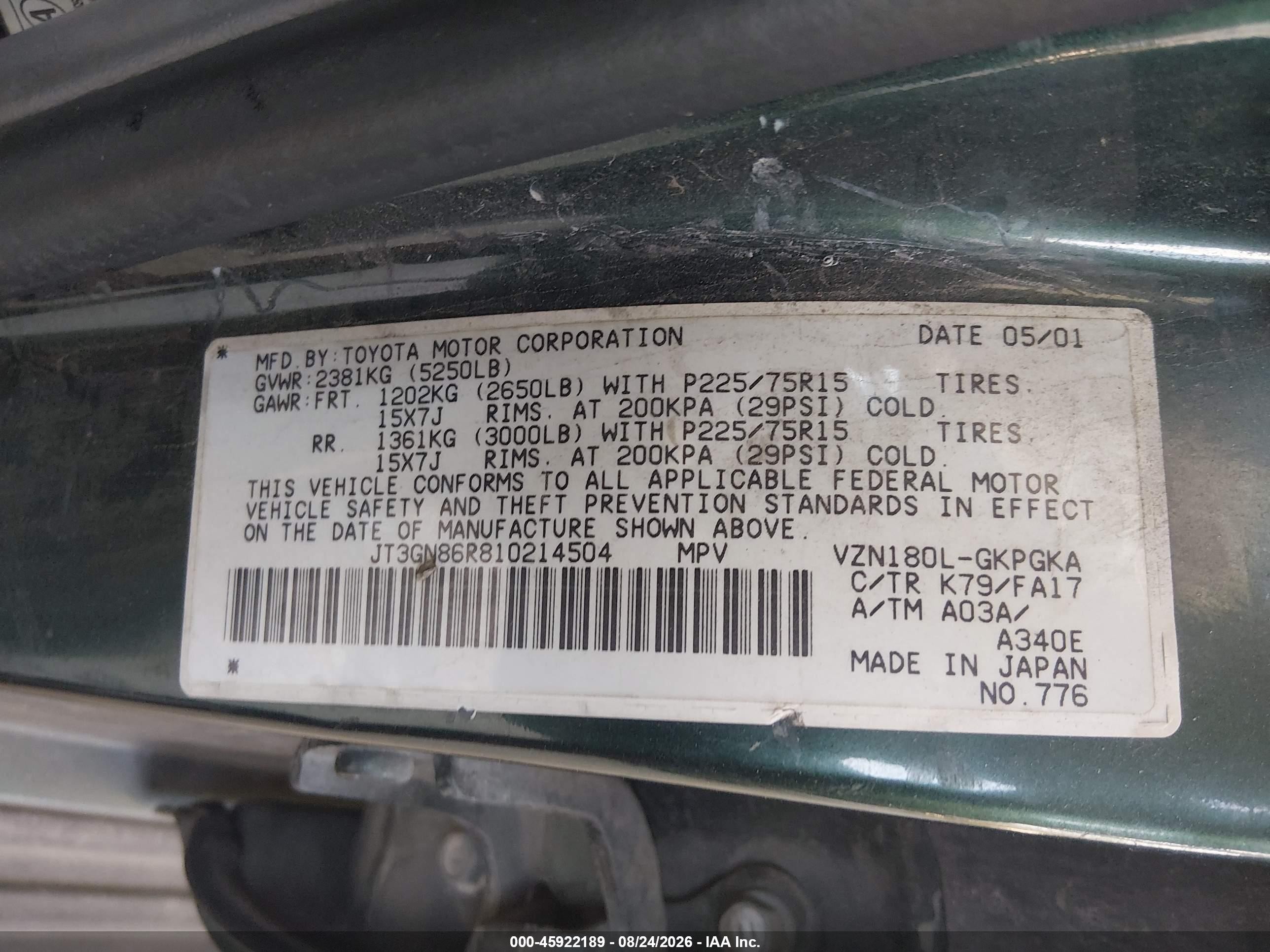 2001 Toyota 4runner Sr5 V6 Green vin: JT3GN86R810214504