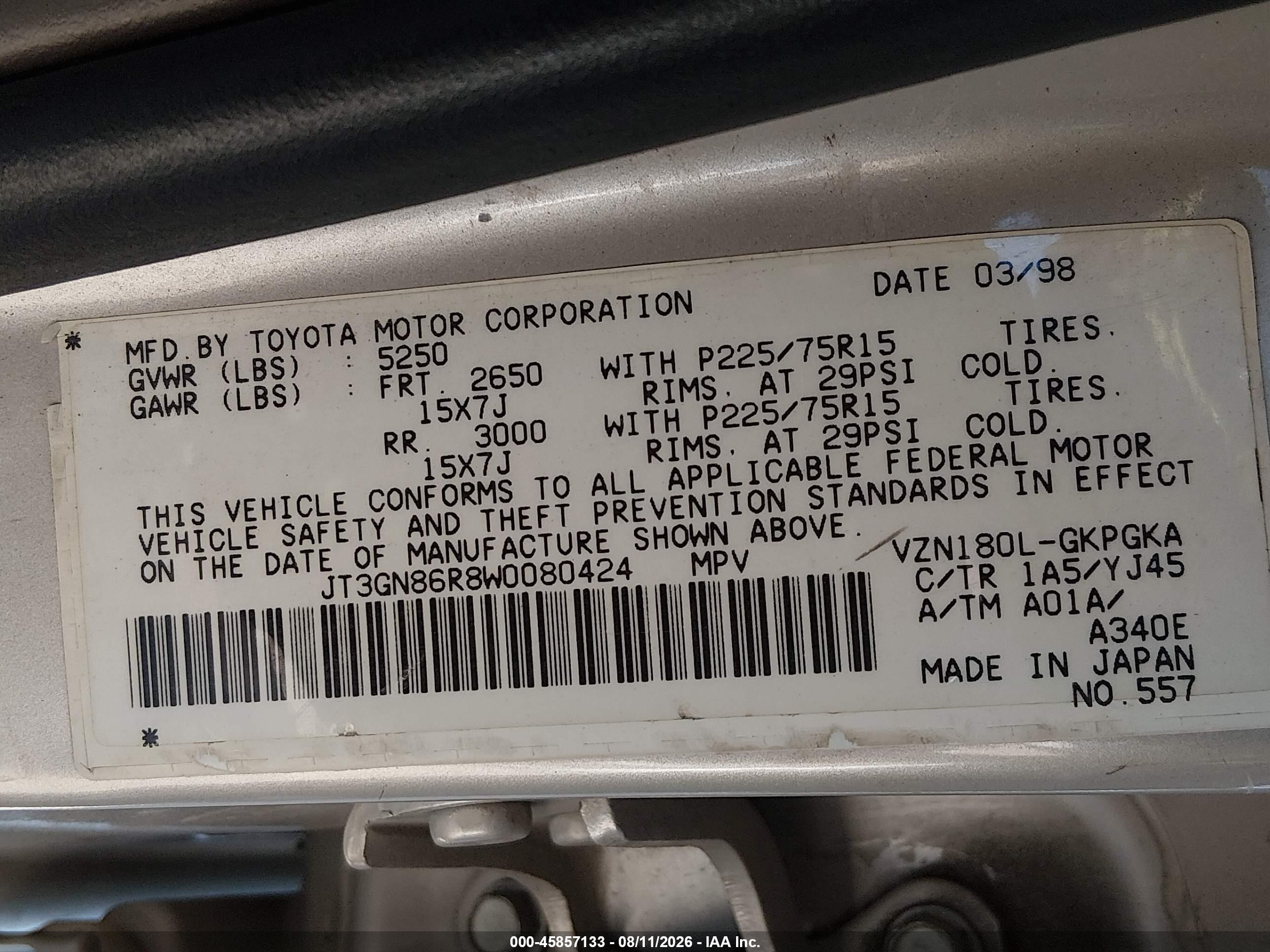 1998 Toyota 4runner Sr5 V6 Silver vin: JT3GN86R8W0080424
