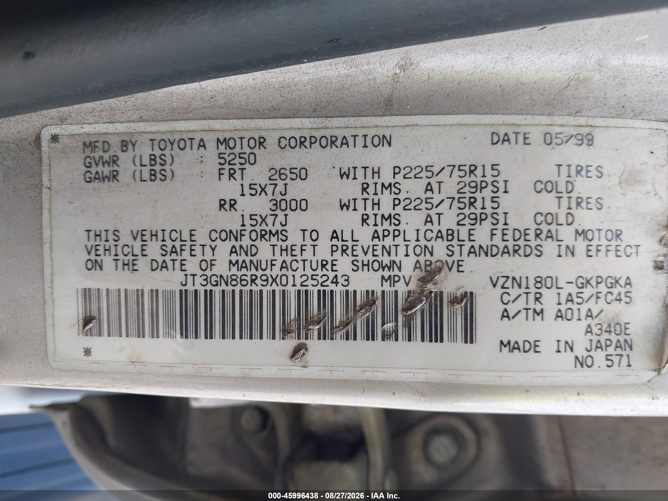 1999 Toyota 4runner Sr5 V6 Silver vin: JT3GN86R9X0125243