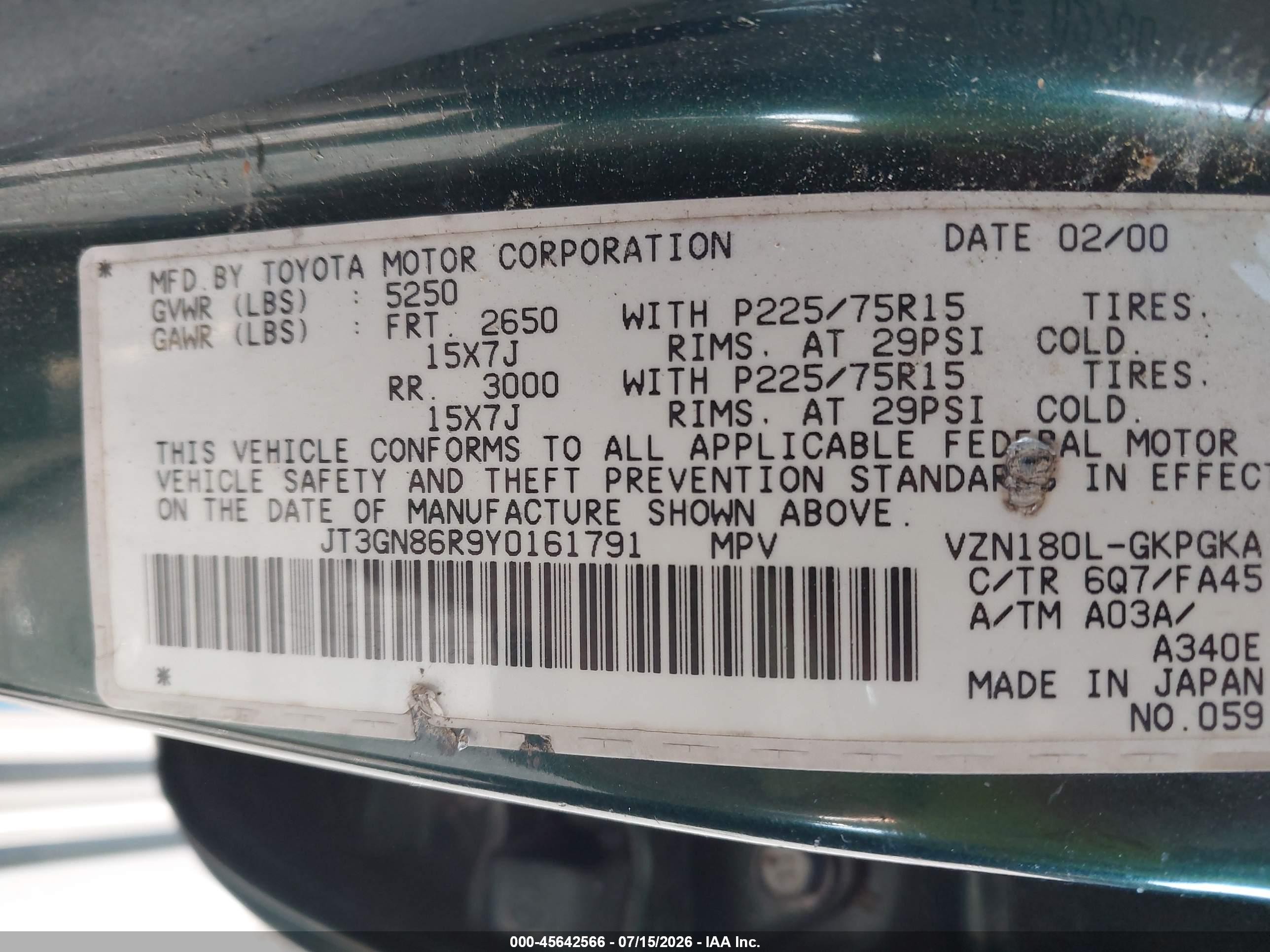 2000 Toyota 4runner Sr5 V6 Green vin: JT3GN86R9Y0161791