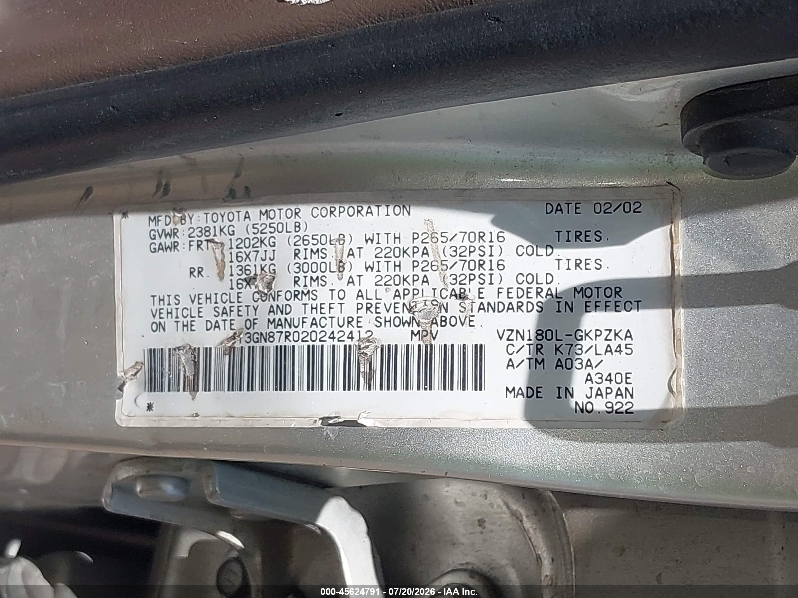 2002 Toyota 4runner Limited V6 Silver vin: JT3GN87R020242412