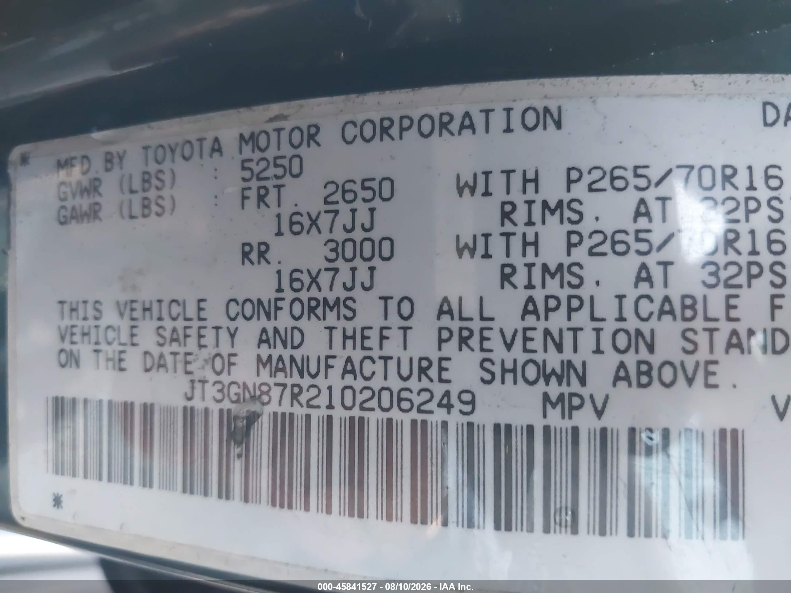 2001 Toyota 4runner Limited V6 Green vin: JT3GN87R210206249