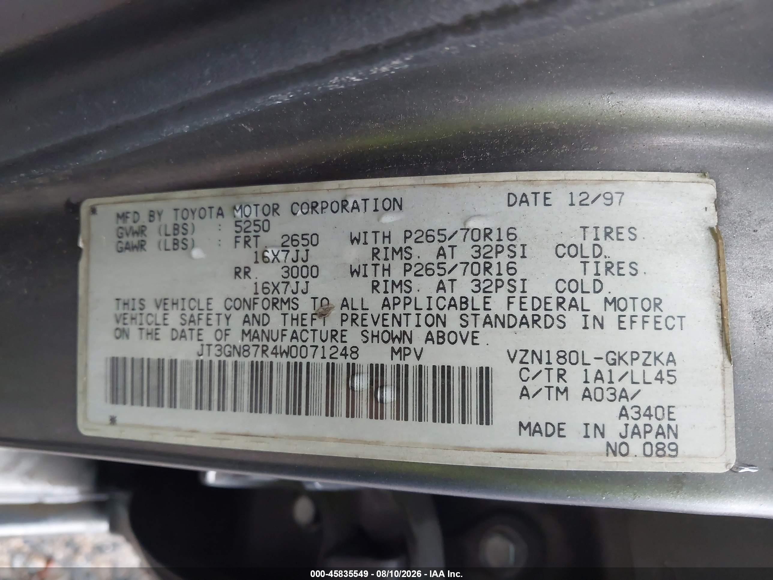 1998 Toyota 4runner Sr5 V6 Limited Gray vin: JT3GN87R4W0071248